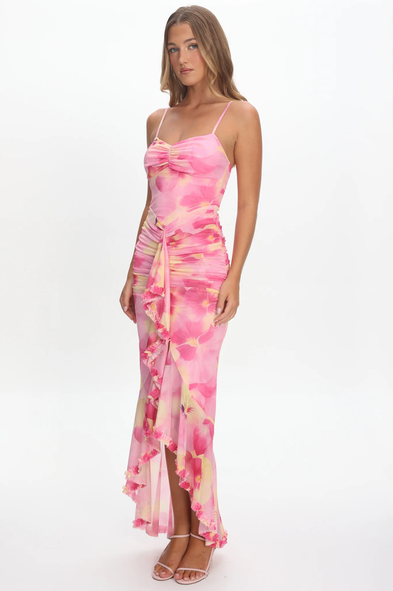 Kamilah Ruched Waist Ruffle Maxi Dress Print Pink - Image 2