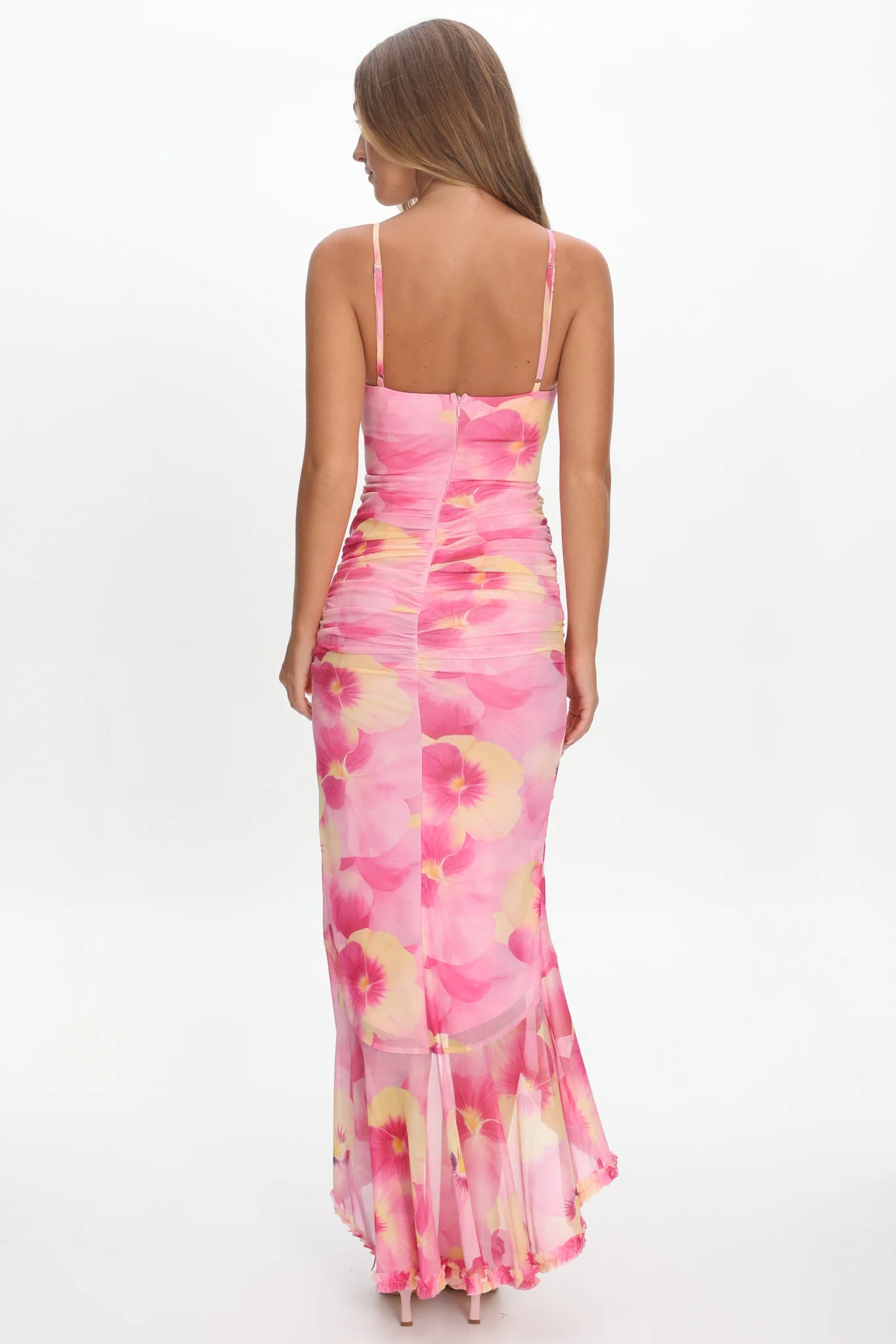 Kamilah Ruched Waist Ruffle Maxi Dress Print Pink - Image 3