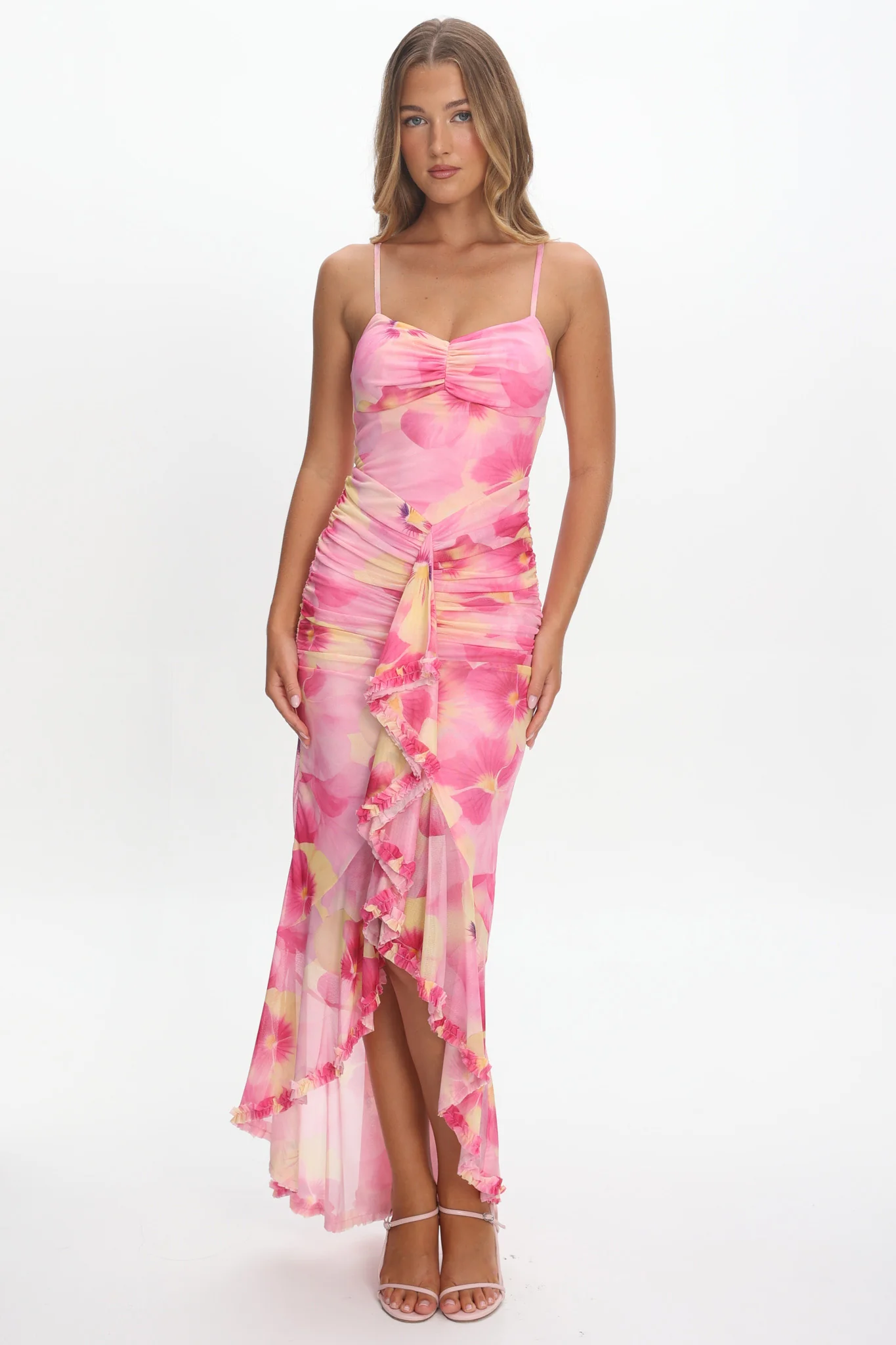 Kamilah Ruched Waist Ruffle Maxi Dress Print Pink - Image 5