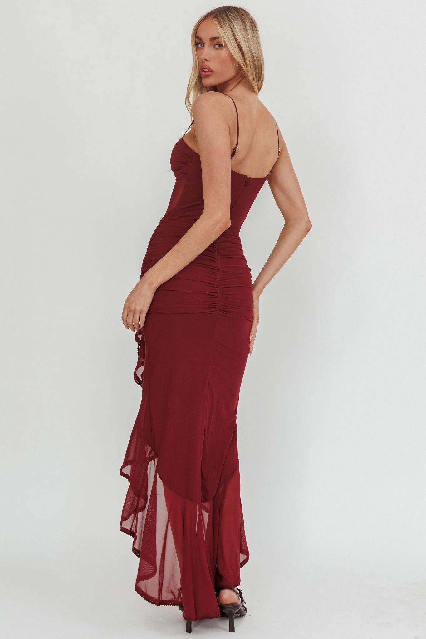 Kamilah Sheer Waist Ruched Ruffle Maxi Dress Wine - Image 2