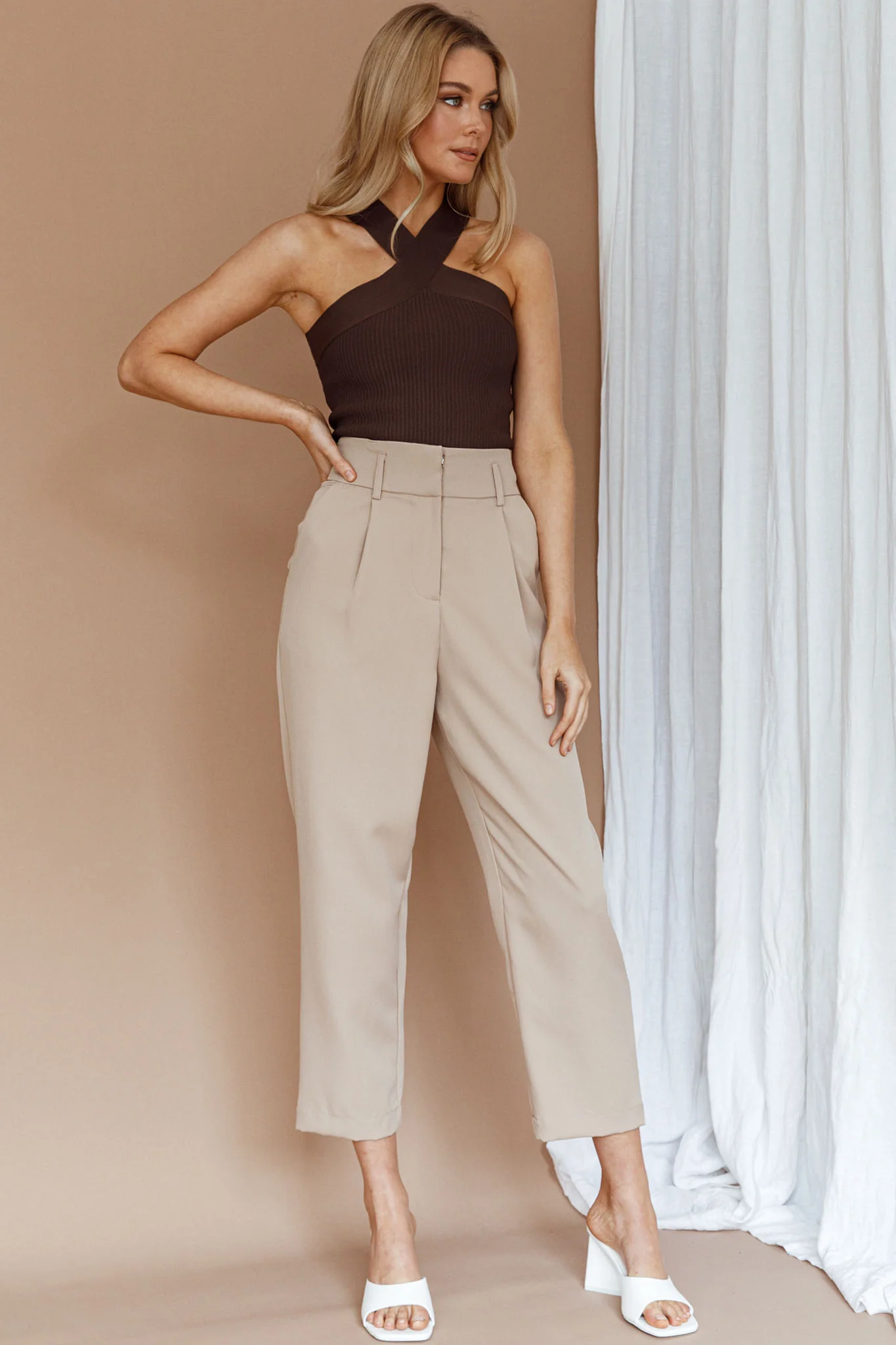 Kansas Crossover Neck Knit Top Brown - Image 6