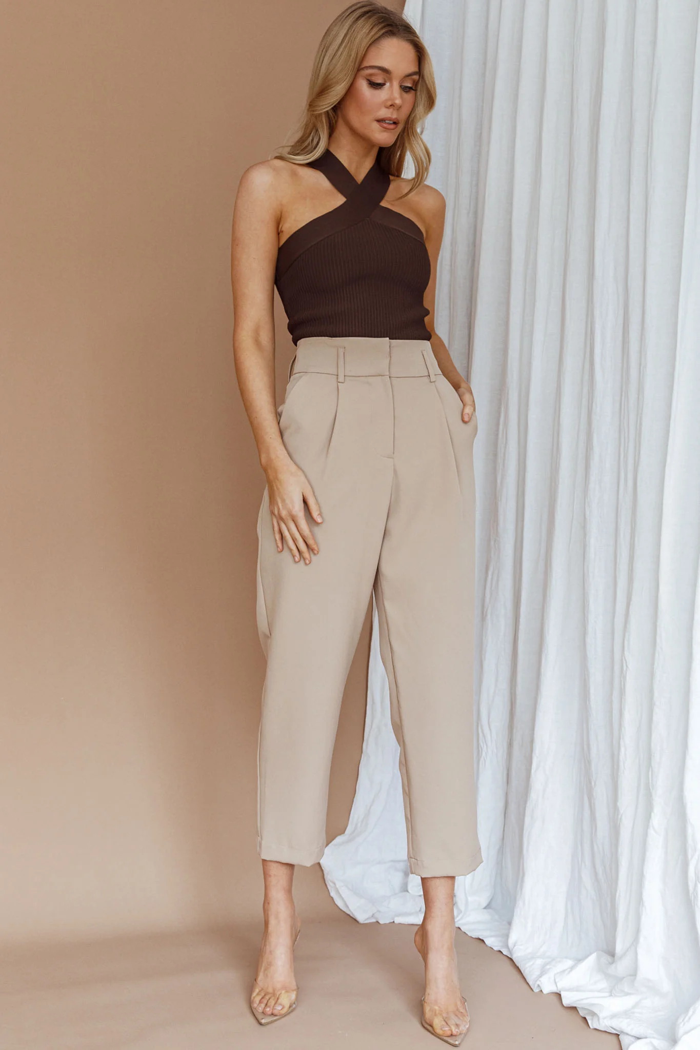 Kansas Crossover Neck Knit Top Brown - Image 8