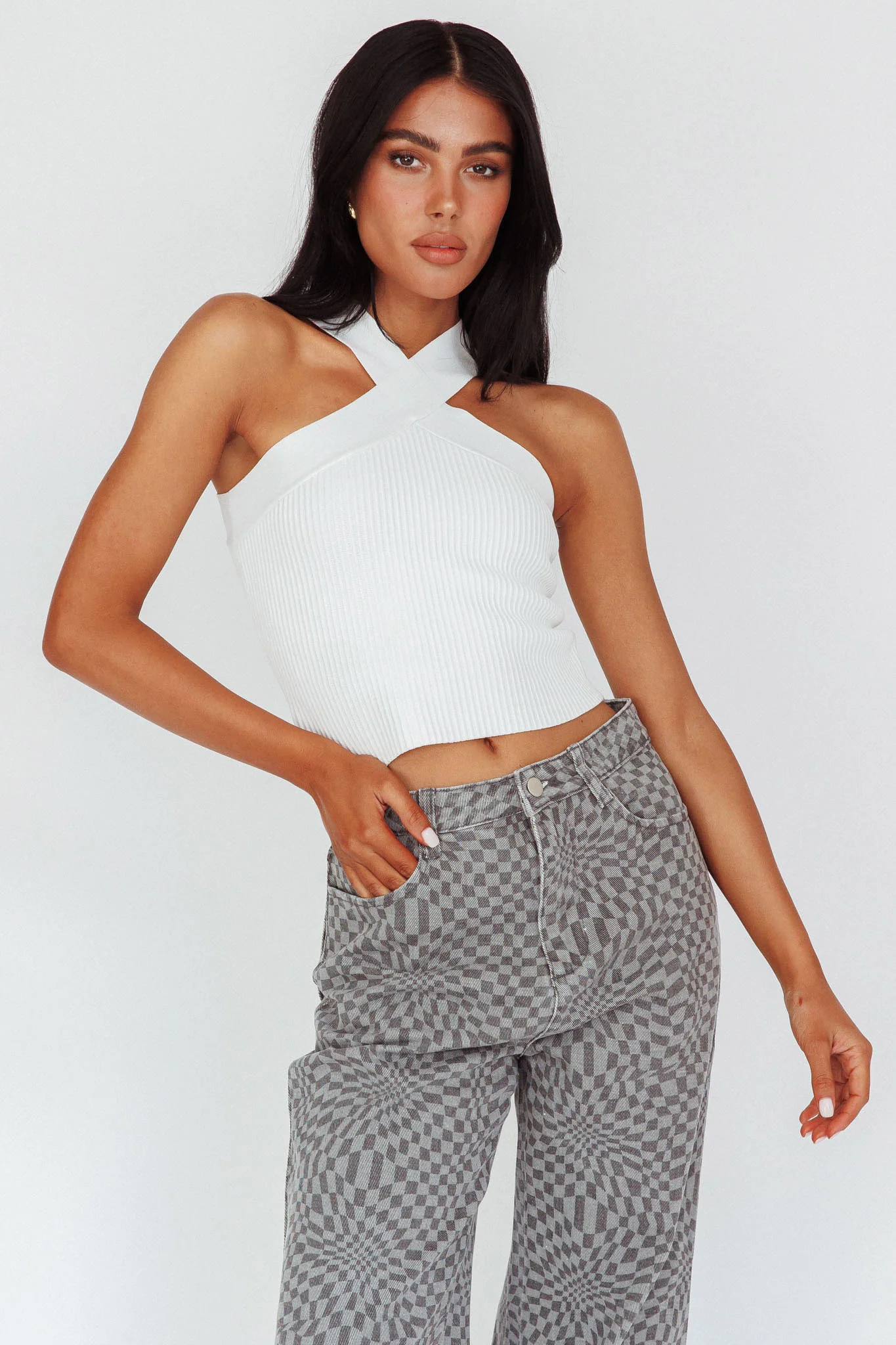 Kansas Crossover Neck Knit Top White