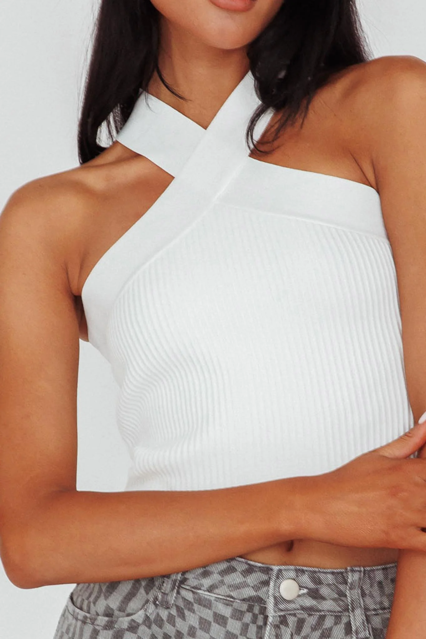 Kansas Crossover Neck Knit Top White - Image 3