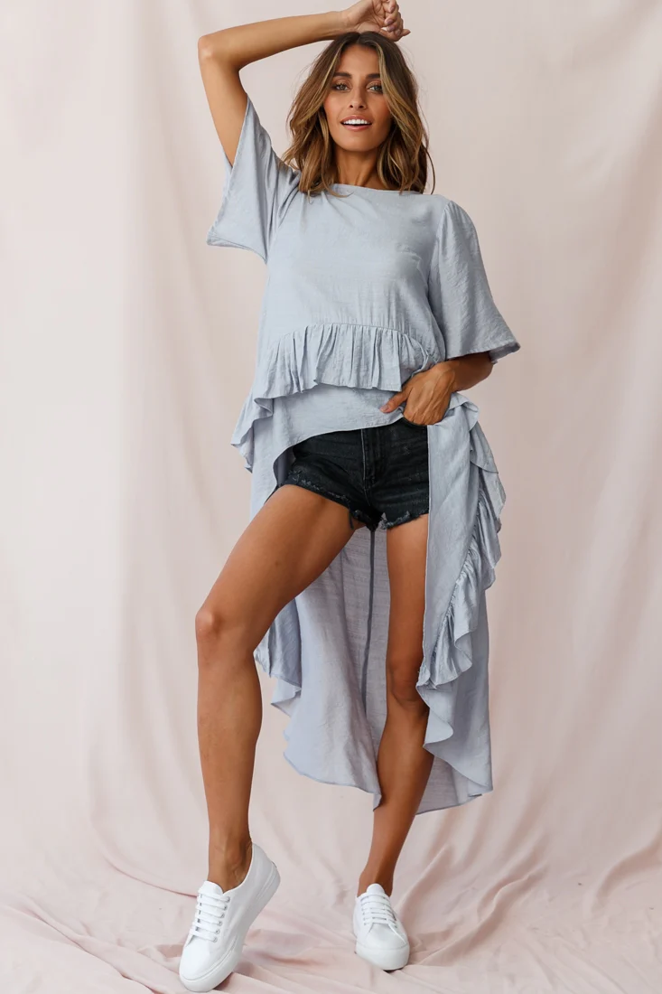 Kara High-Low Ruffle Trim Top Grey - Image 5