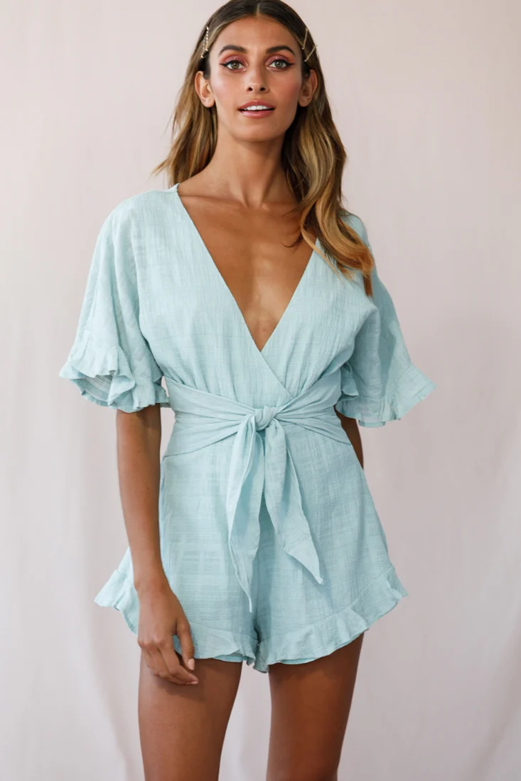 Karin Frill Trim Waist Tie Romper Sage - Image 5