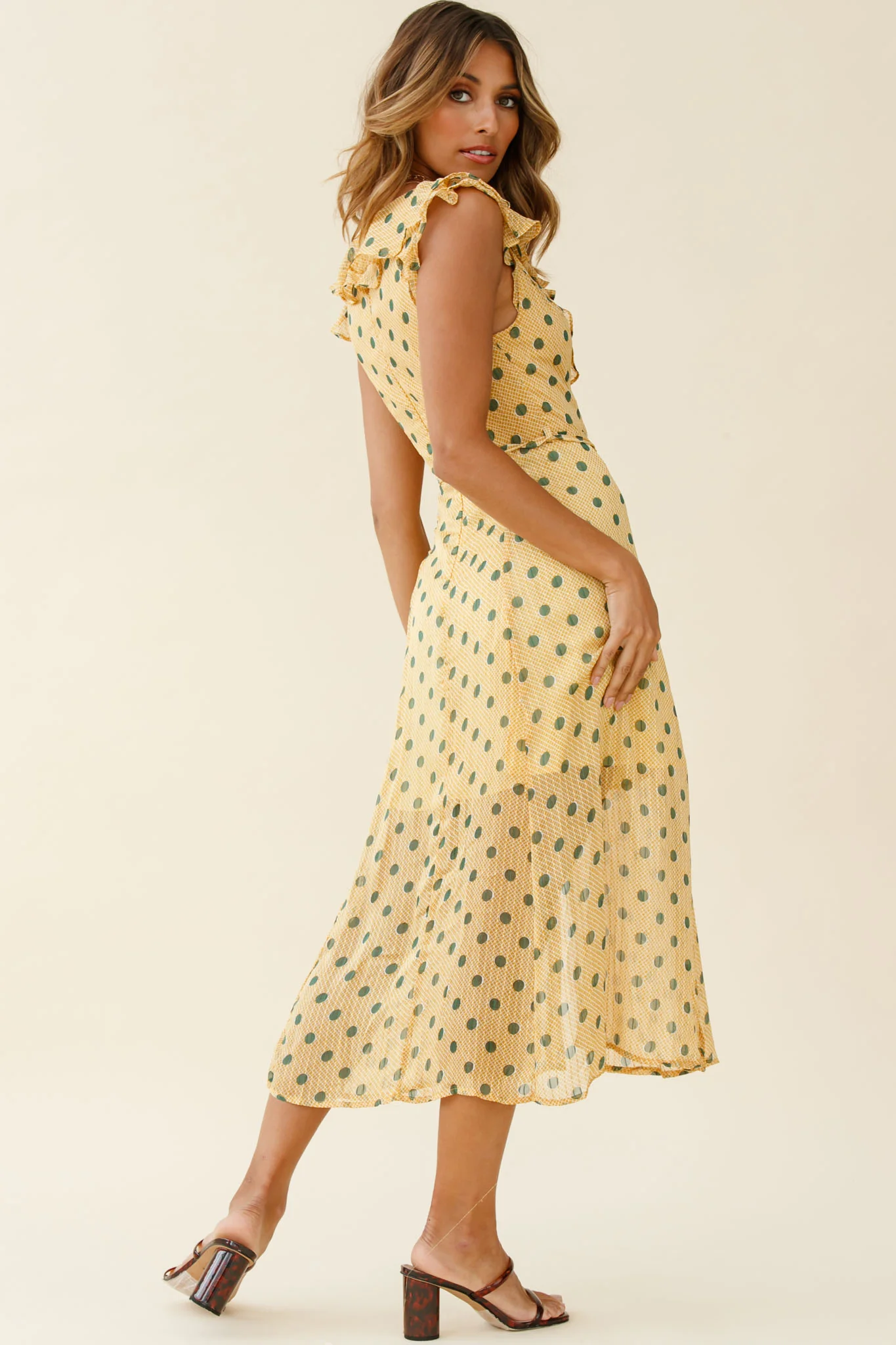 Karina Frill Neckline Midi Dress Polka Dot Print Mustard - Image 3