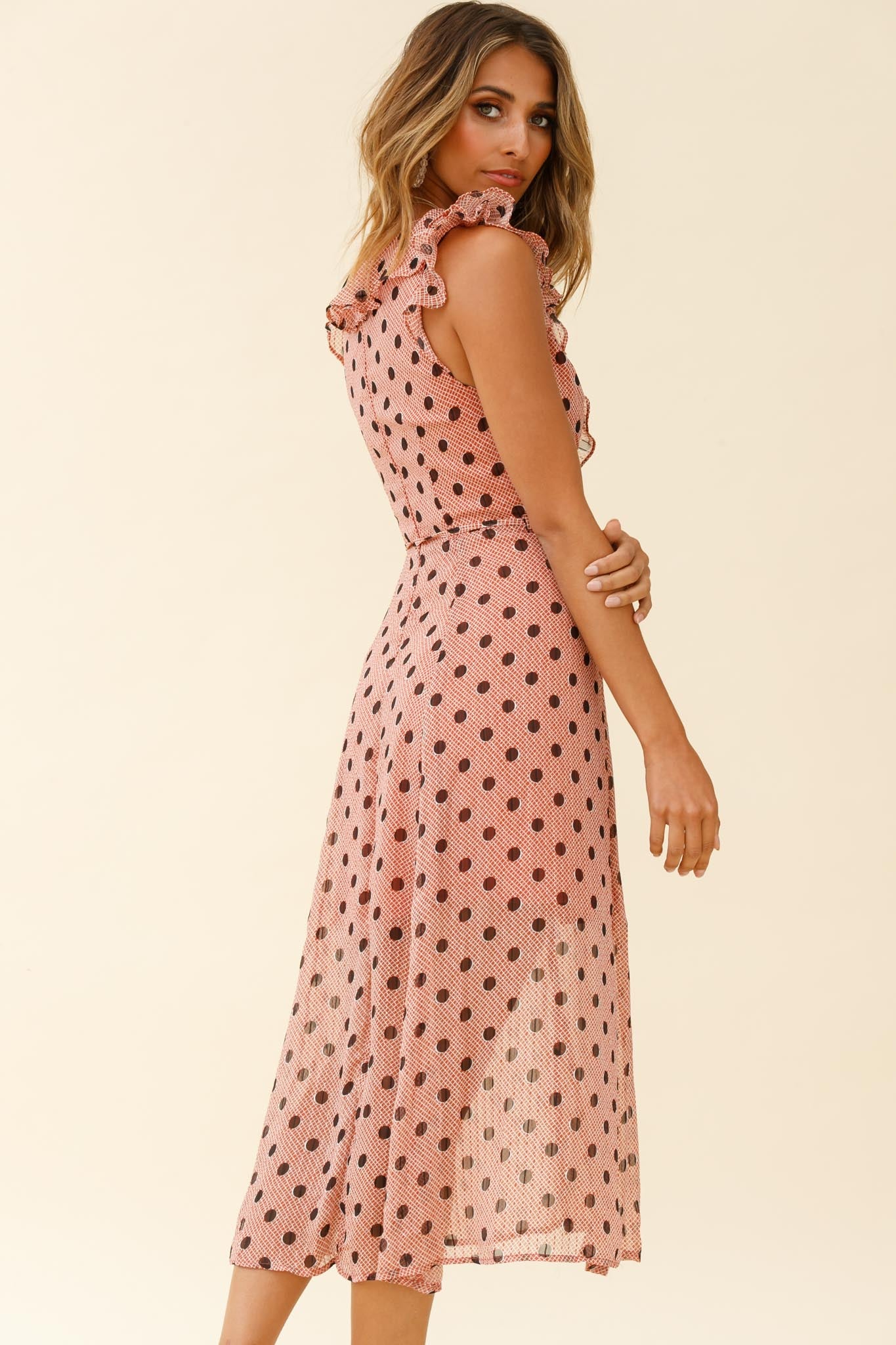 Karina Frill Neckline Midi Dress Polka Dot Print Rust - Image 3