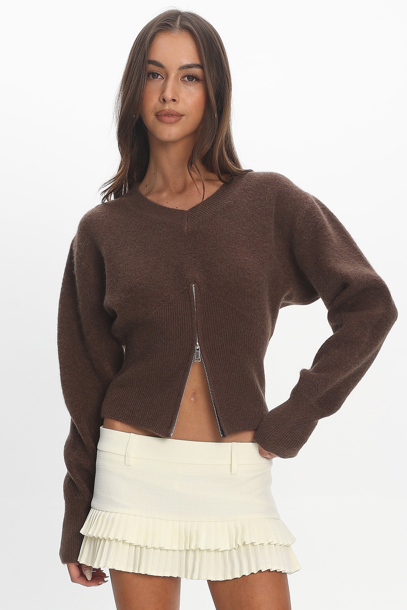 Karisa Zipper Hem Knit Top Mocha - Image 6