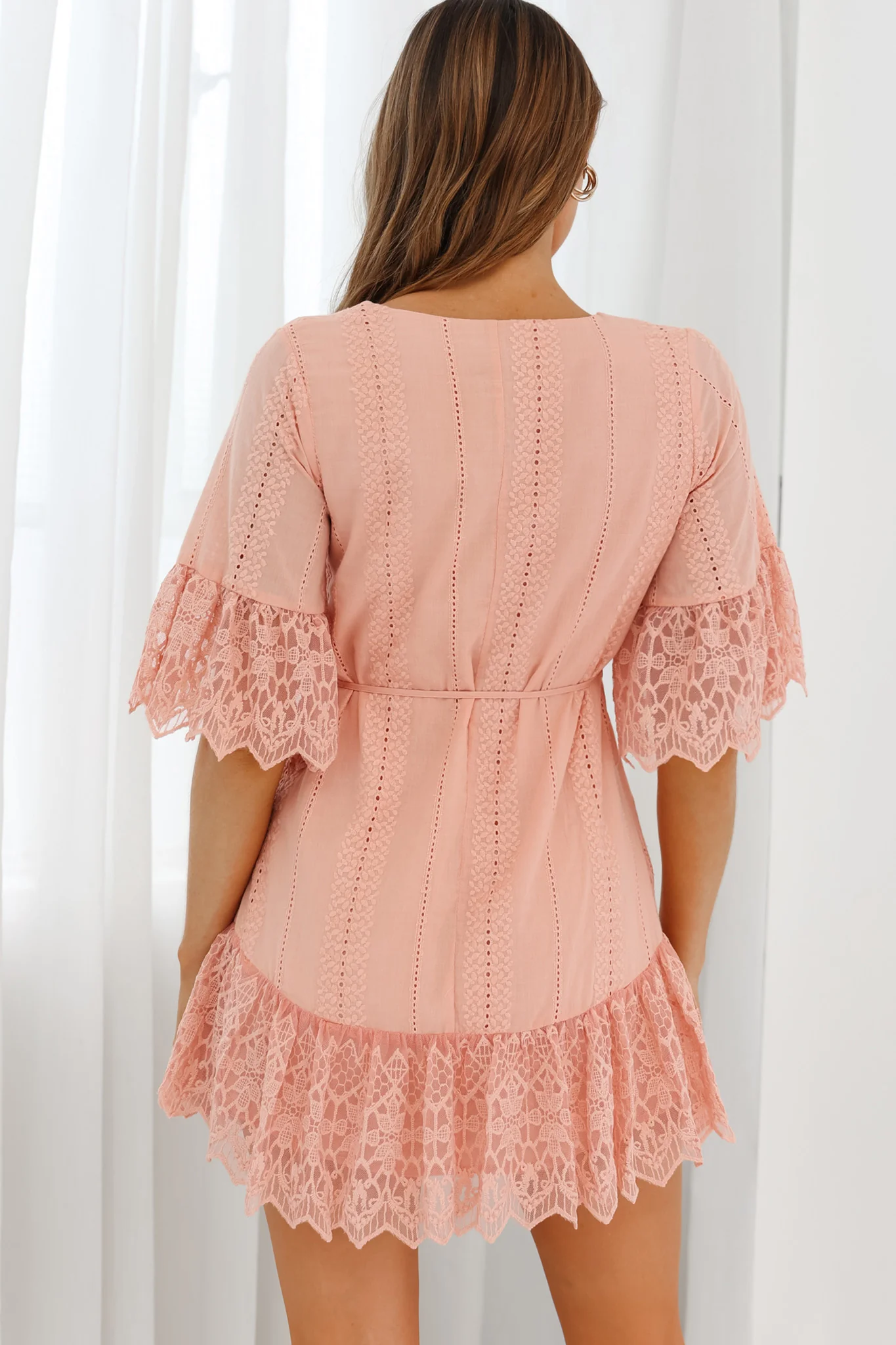 Karissa Lace Trim Waist Tie Tunic Dress Blush - Image 2