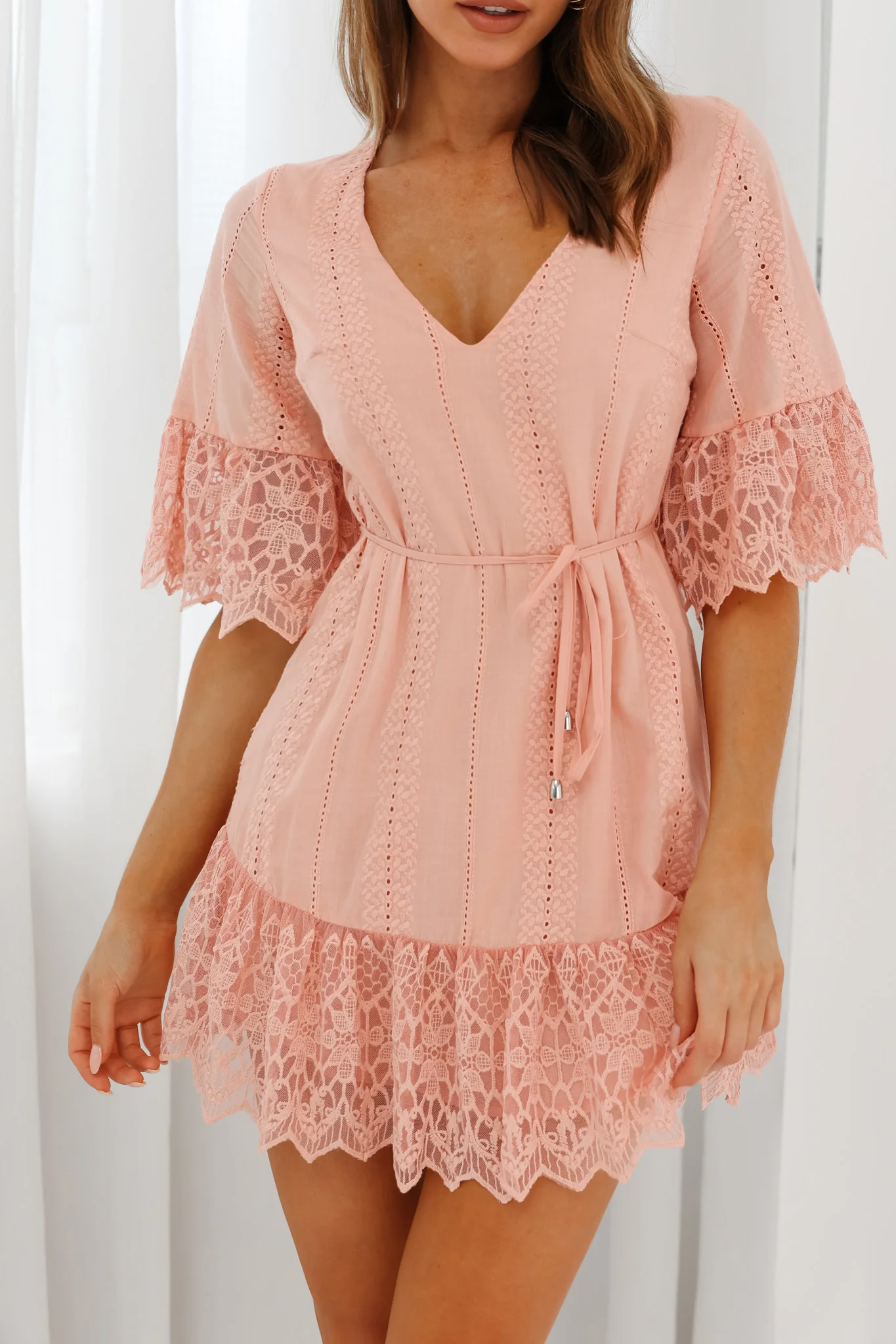 Karissa Lace Trim Waist Tie Tunic Dress Blush - Image 4