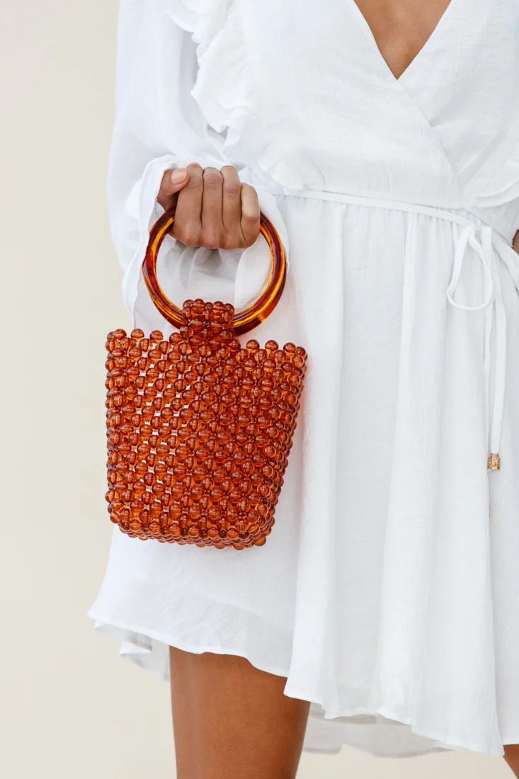 Karma Beaded Acrylic Handle Bag Tan - Image 2