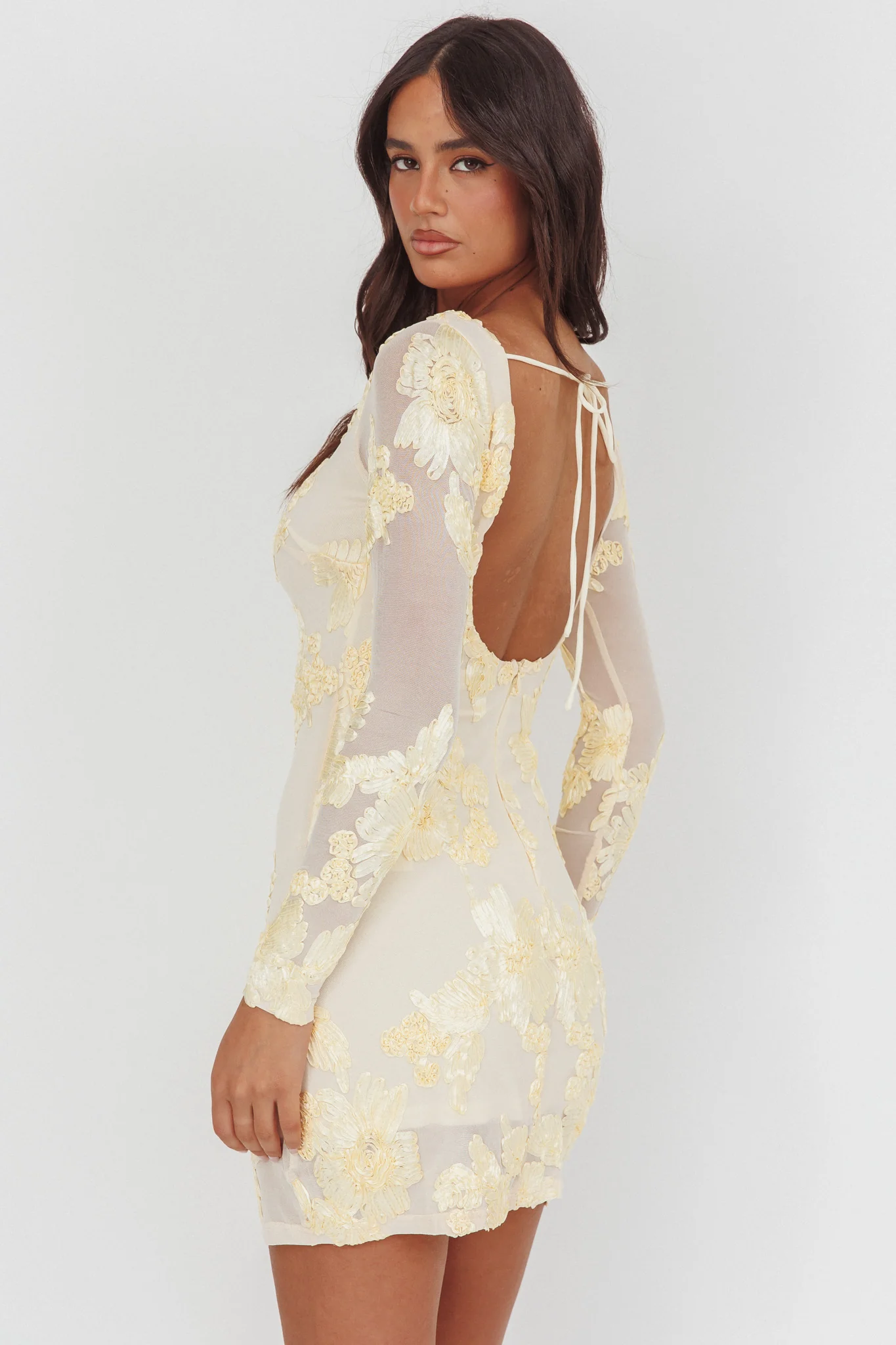 Karma Long Sleeve Scoop Back Dress Embellished Yellow - Image 2