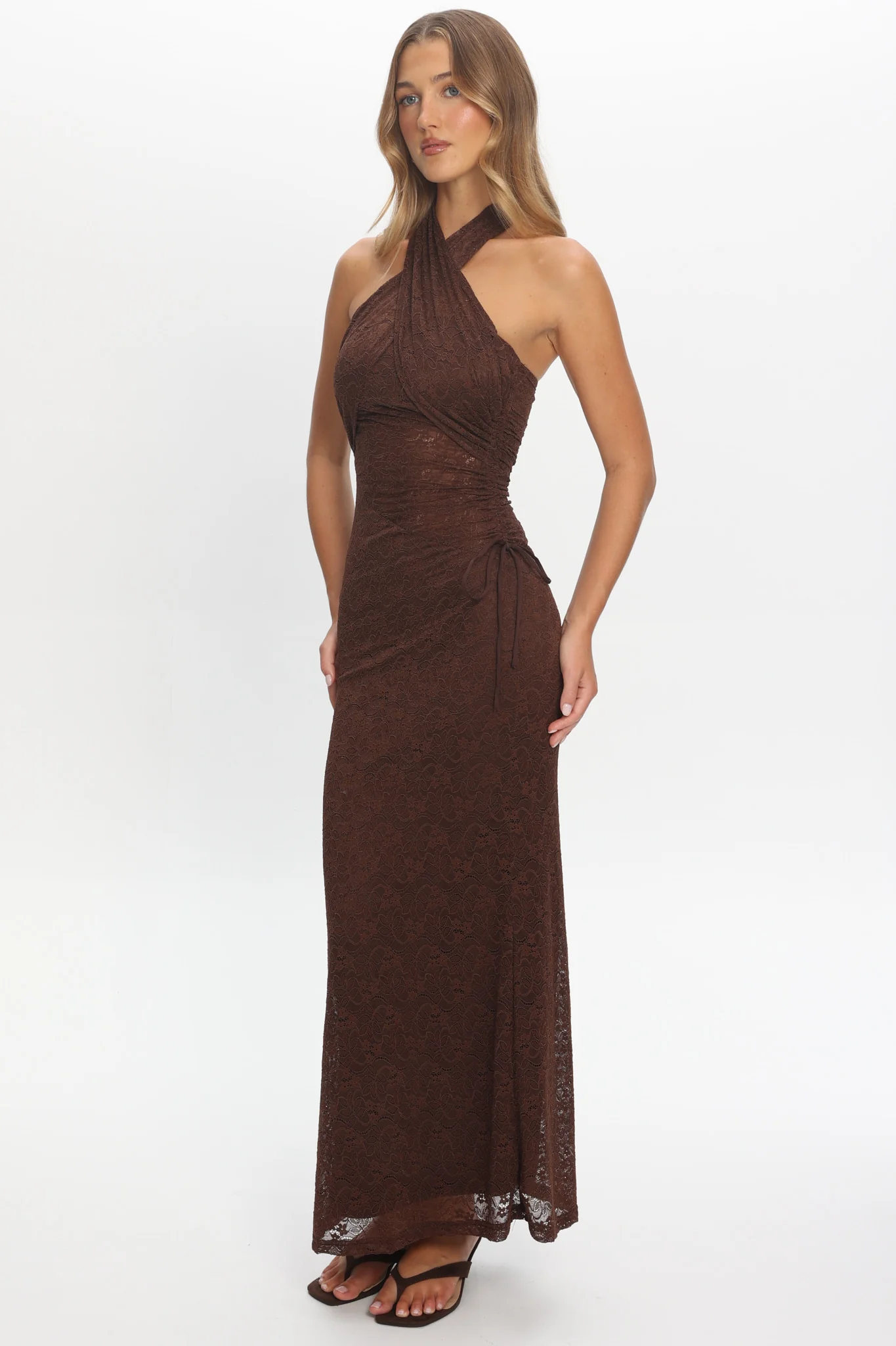 Karmella Ruched Halterneck Maxi Dress Chocolate - Image 2