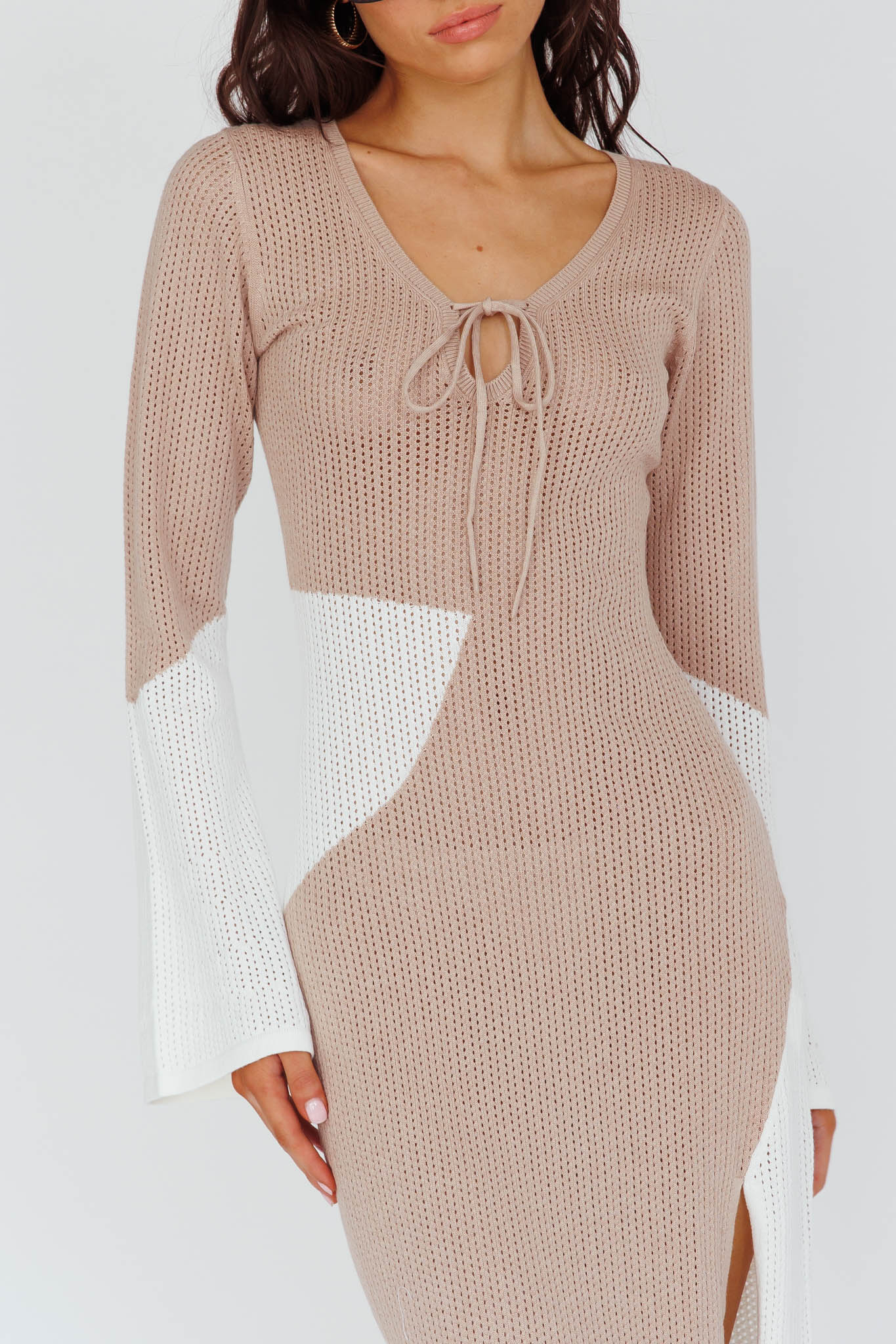 Karsen Long Sleeve Crochet Maxi Dress Beige - Image 4