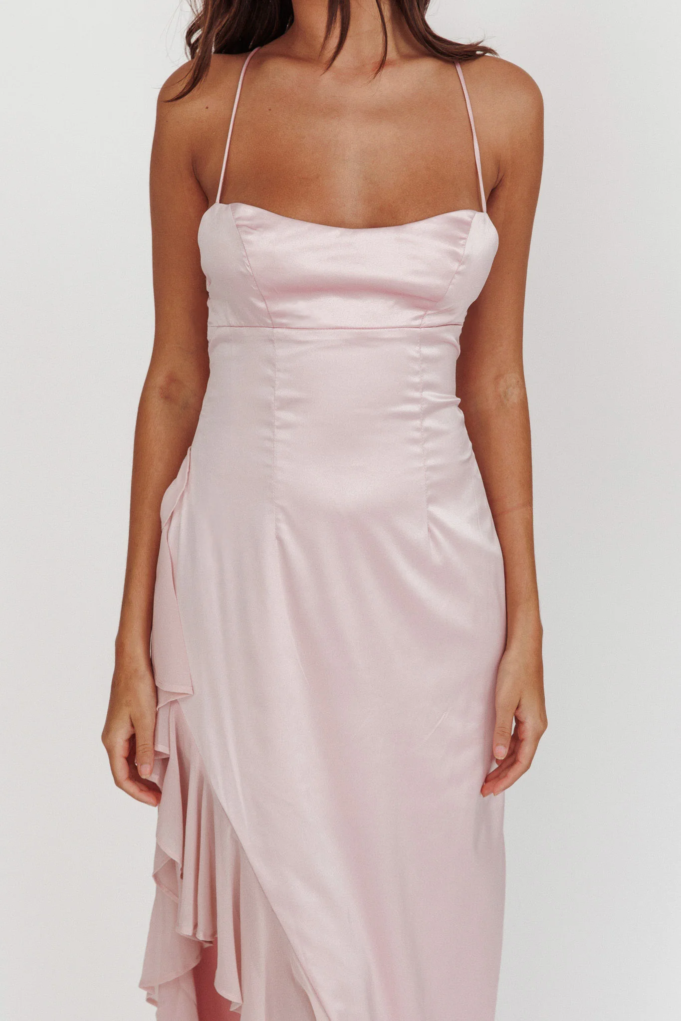 Katarina Satin Ruffle Hem Maxi Dress Cheek - Image 3