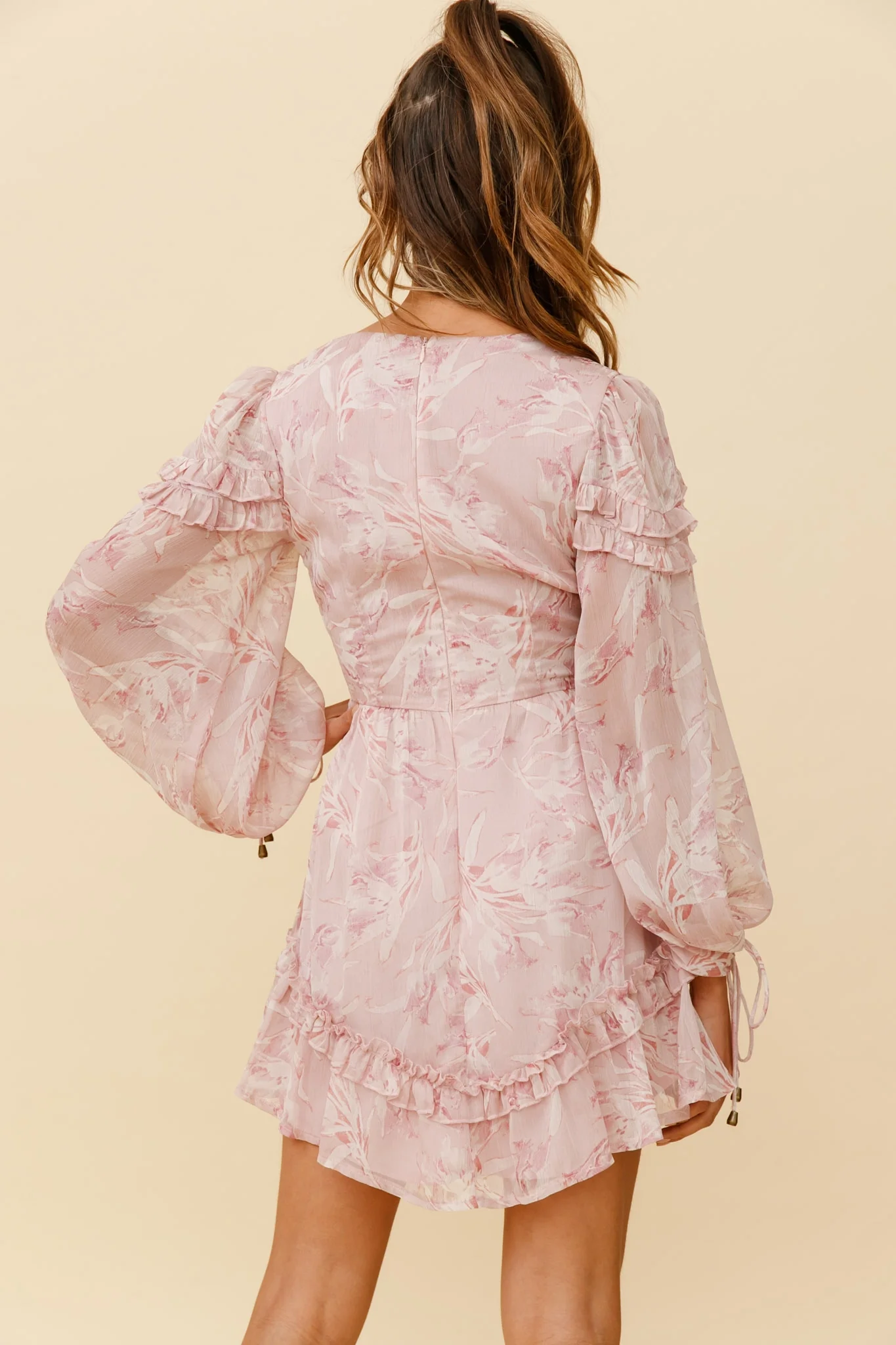 Katelyn Long Balloon Sleeve Frill Accent Dress Floral Print Pink - Image 3