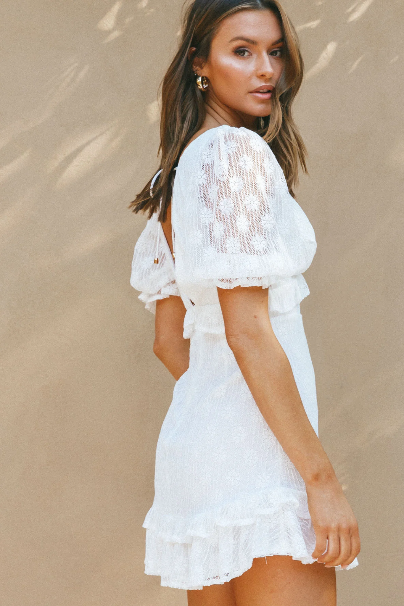 Katherine Puff Sleeve Floral Lace Frill Dress White - Image 4