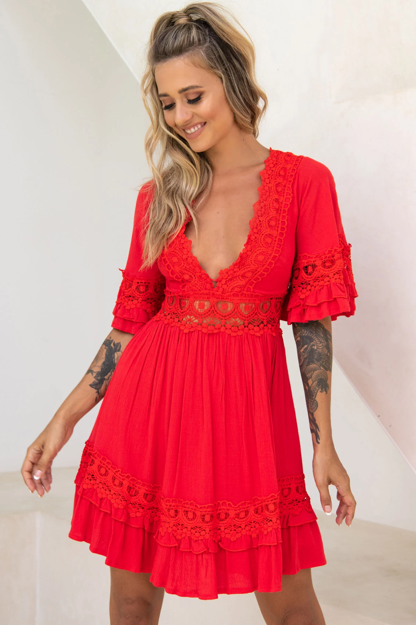 Kauai V-Neckline Crochet Lace Trim Dress Red - Image 5