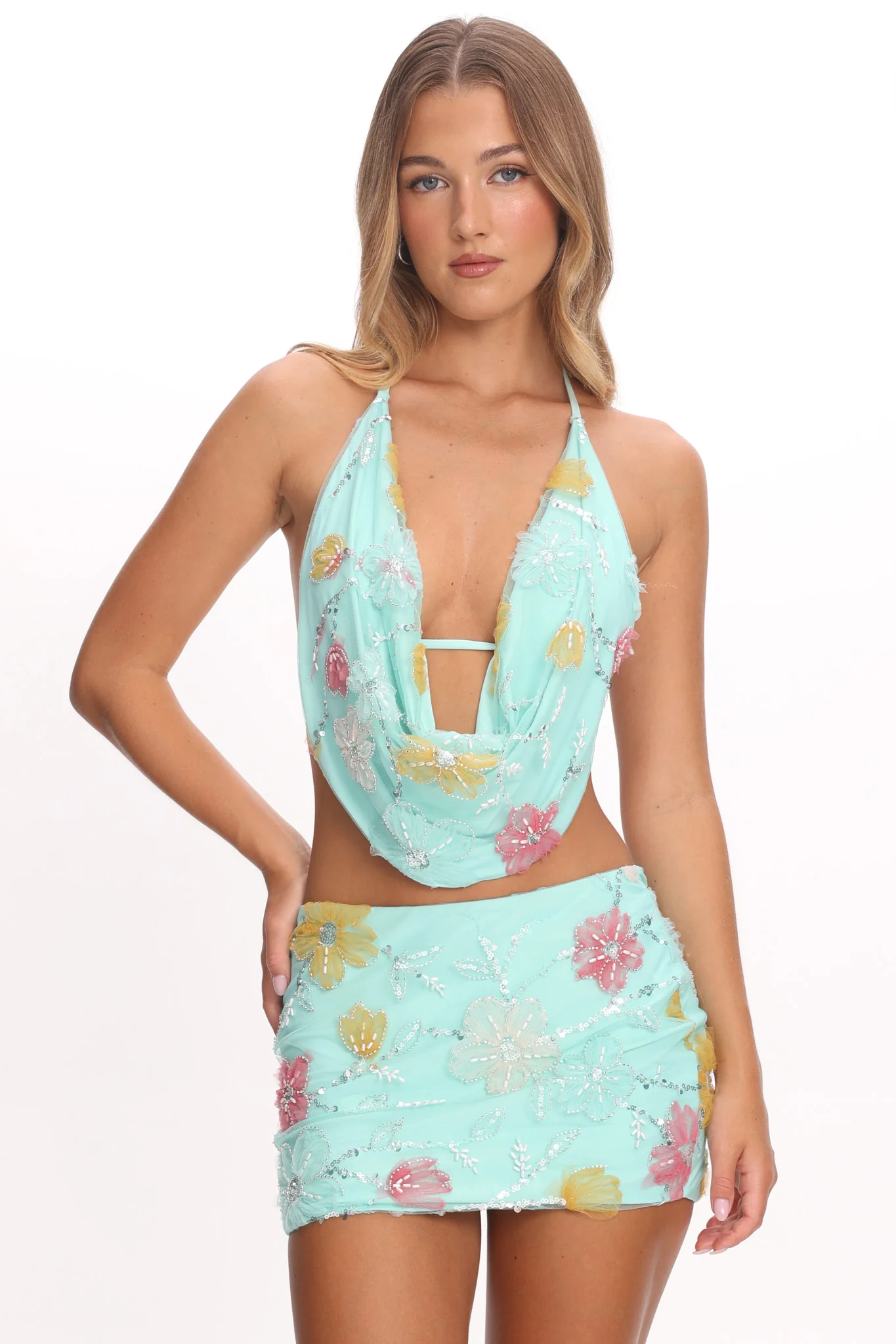 Kavera Embellished Mini Skirt Aqua Sequin - Image 5