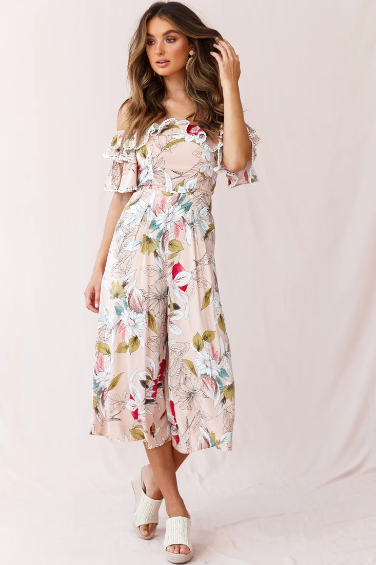 Keeper Off-Shoulder Culotte Jumpsuit Floral Print Mocha - Image 6