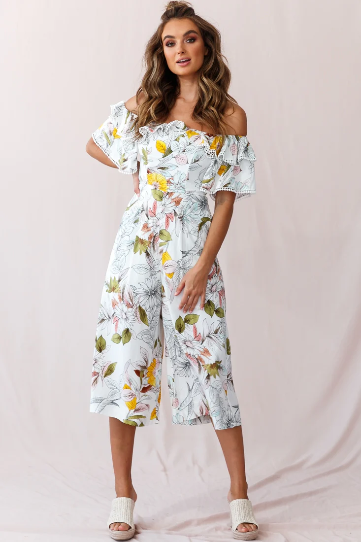 Keeper Off-Shoulder Culotte Jumpsuit Floral Print White - Image 6