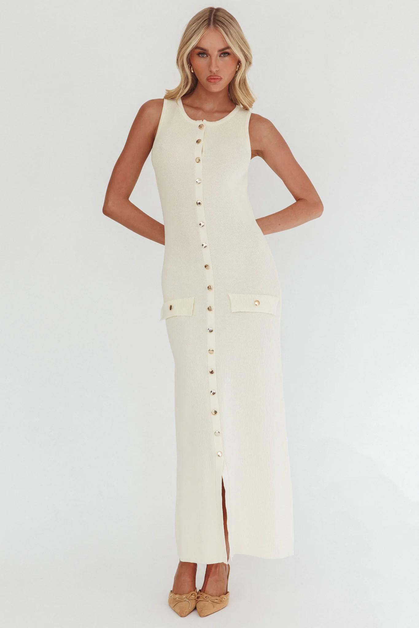 Kelani Gold Button Knit Maxi Dress Cream - Image 3