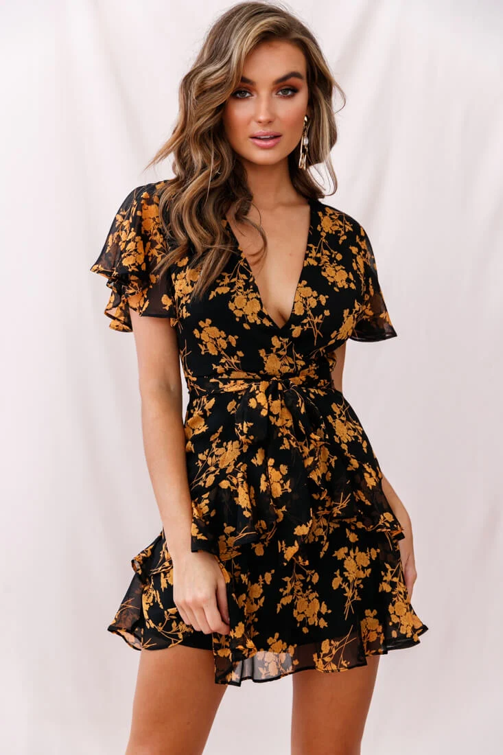 Kerry Layered Angel Sleeve Dress Black/Orange Flower - Image 13