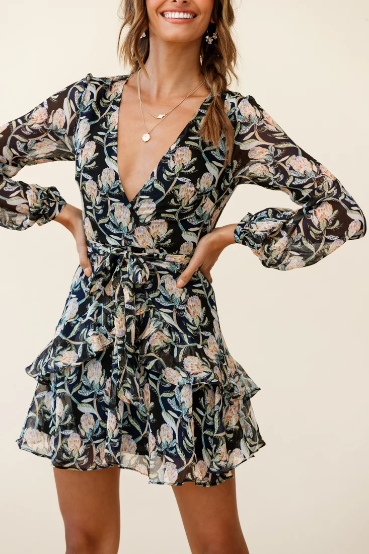 Kerry Layered Balloon Sleeve Dress Banksia Print Black - Image 7