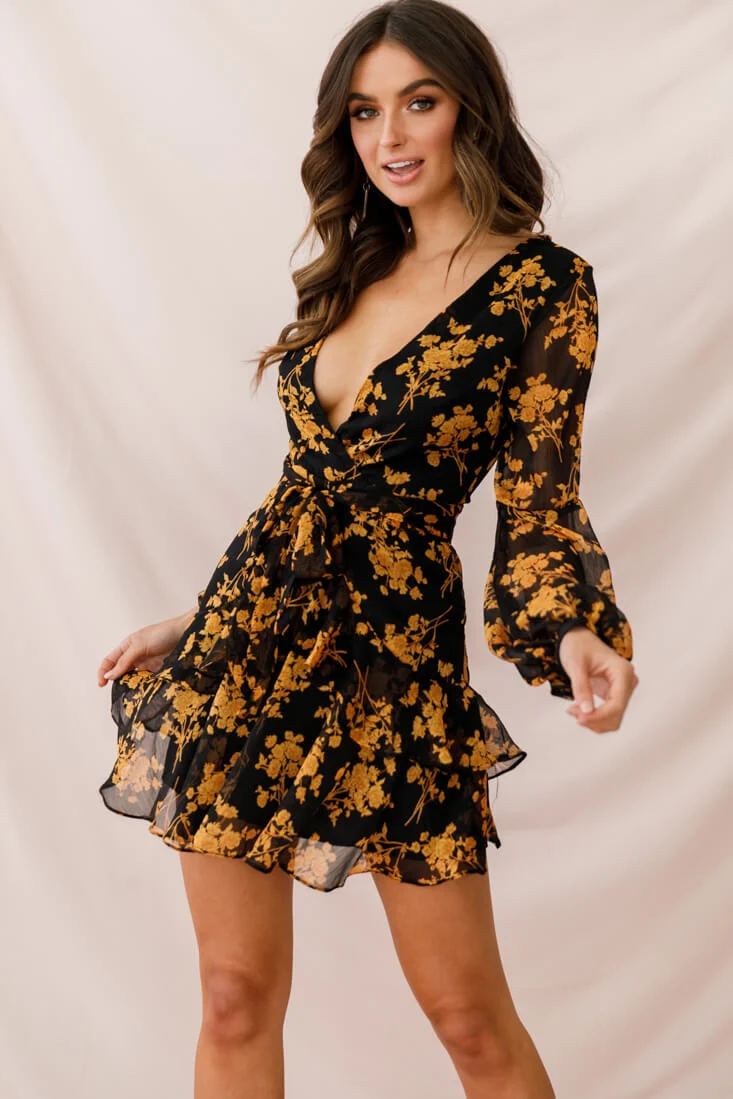 Kerry Layered Balloon Sleeve Dress Black/Orange - Image 5