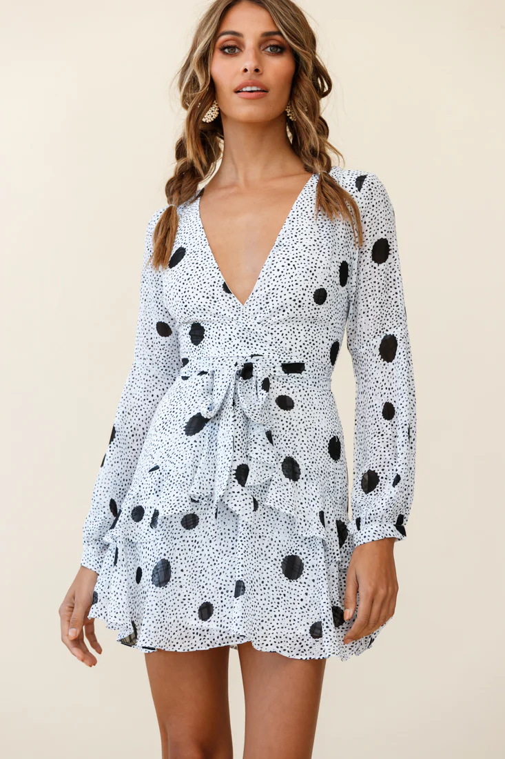 Kerry Layered Balloon Sleeve Dress Black Spot Print White - Image 5