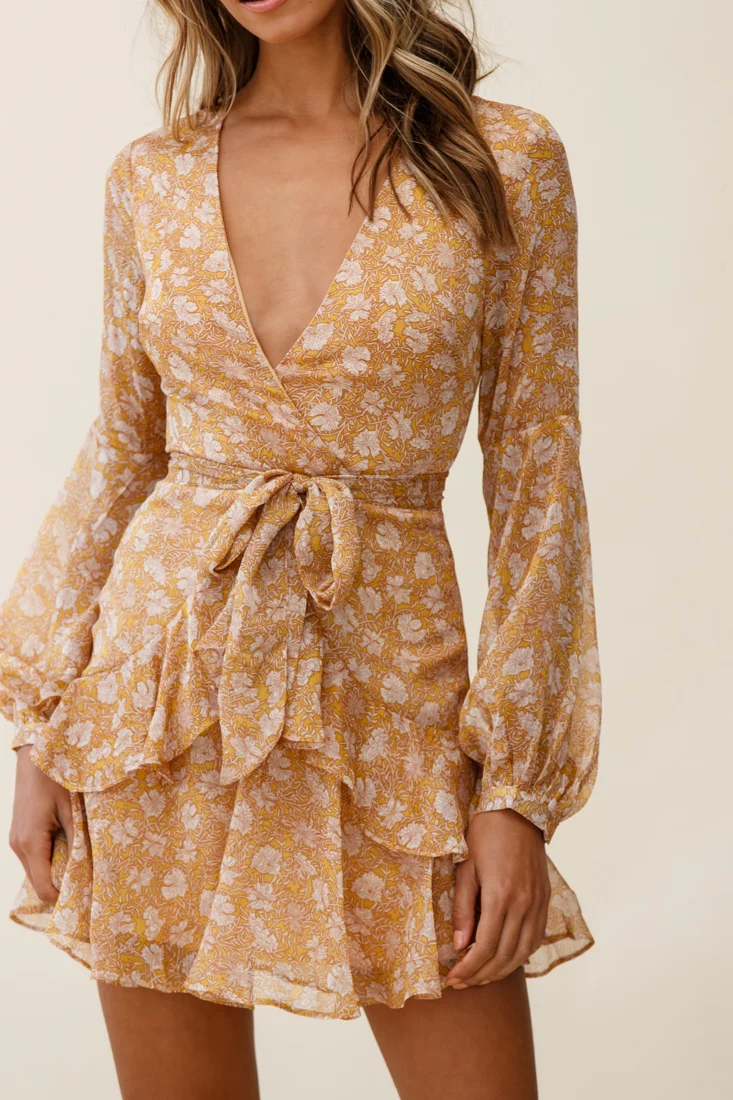 Kerry Layered Balloon Sleeve Dress Floral Print Mustard - Image 5