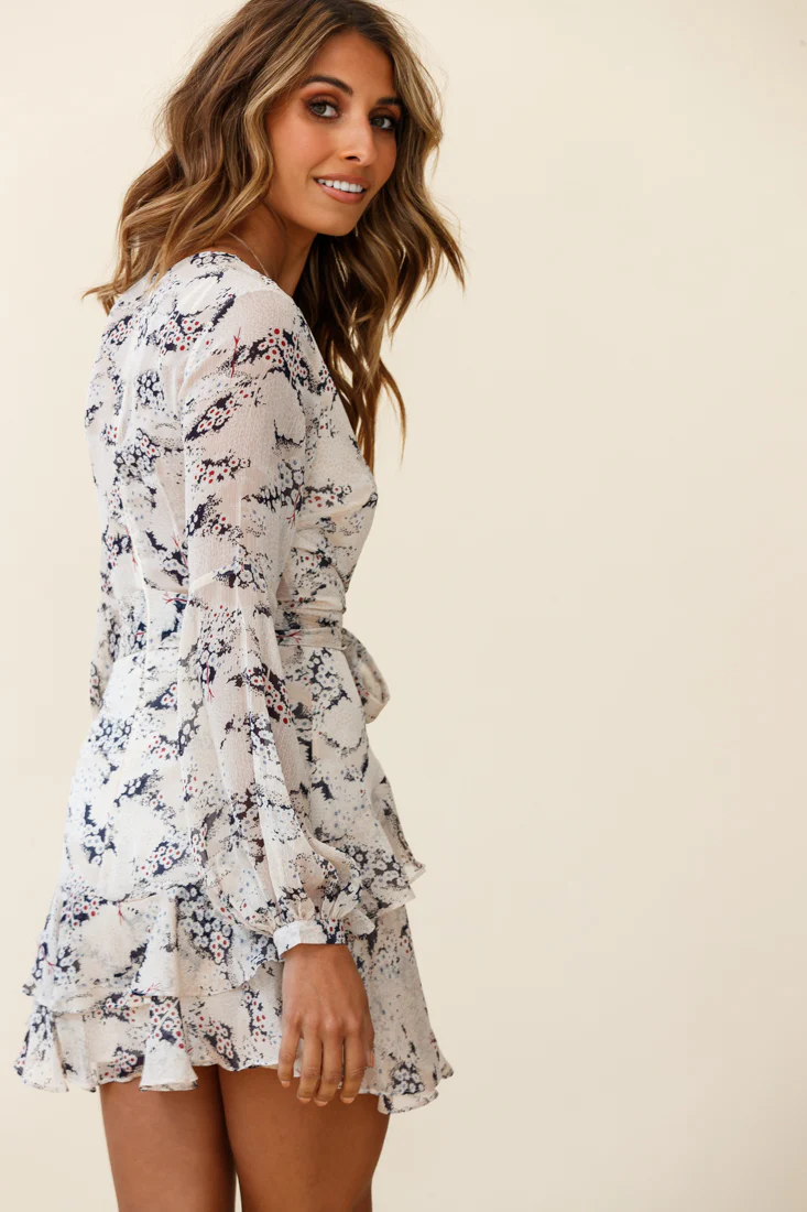 Kerry Layered Balloon Sleeve Dress Flower Pattern Beige - Image 7