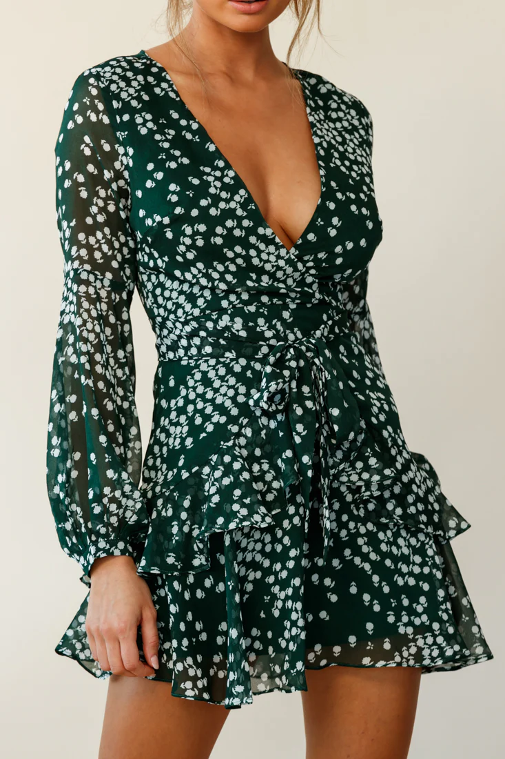 Kerry Layered Balloon Sleeve Dress Flower Print Forest Green - Image 7