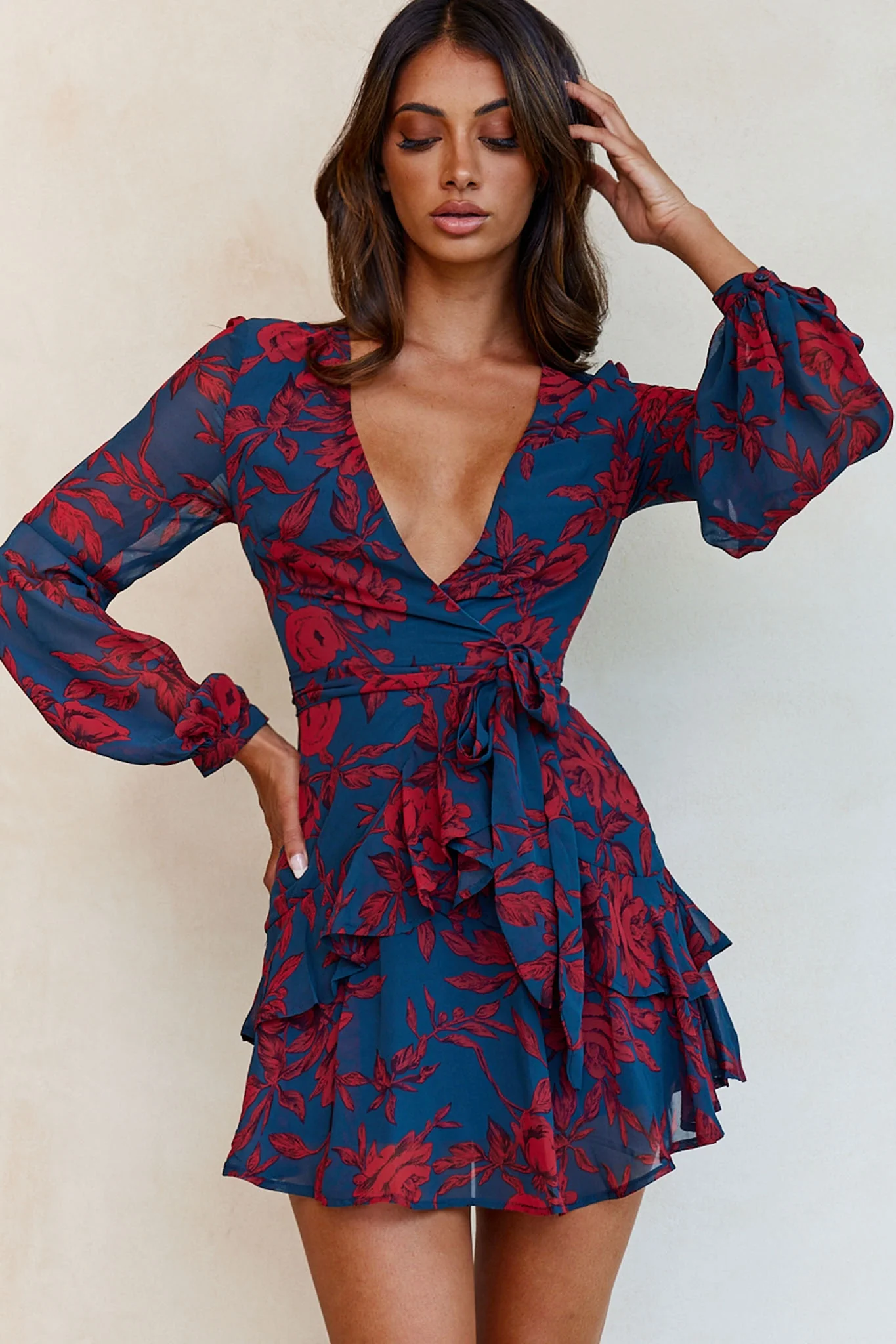 Kerry Layered Balloon Sleeve Dress Forest Green/Red - Image 10