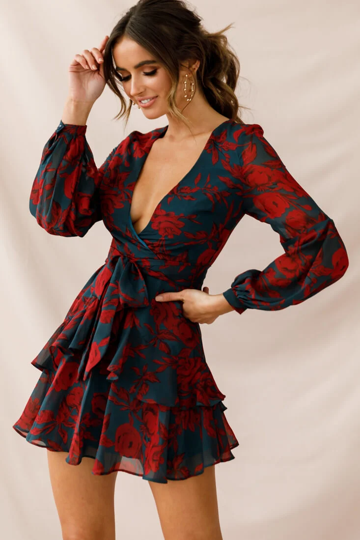 Kerry Layered Balloon Sleeve Dress Forest Green/Red - Image 11