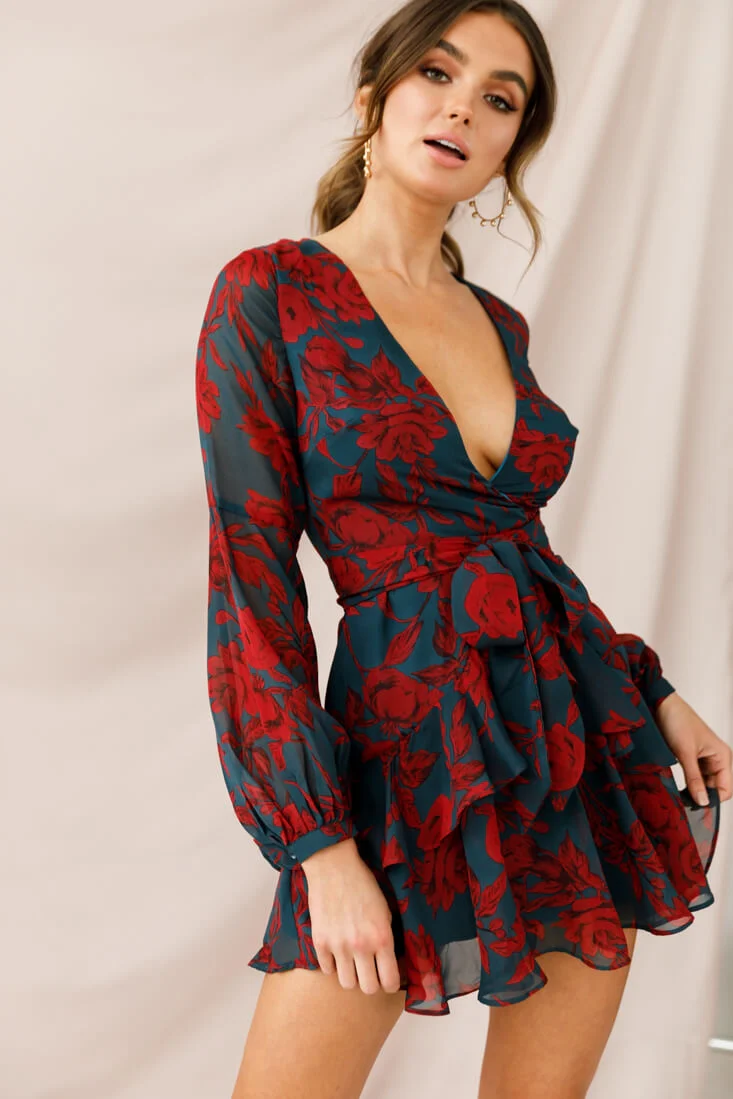 Kerry Layered Balloon Sleeve Dress Forest Green/Red - Image 4