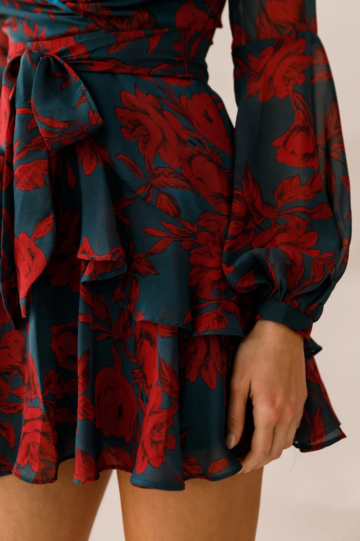 Kerry Layered Balloon Sleeve Dress Forest Green/Red - Image 6