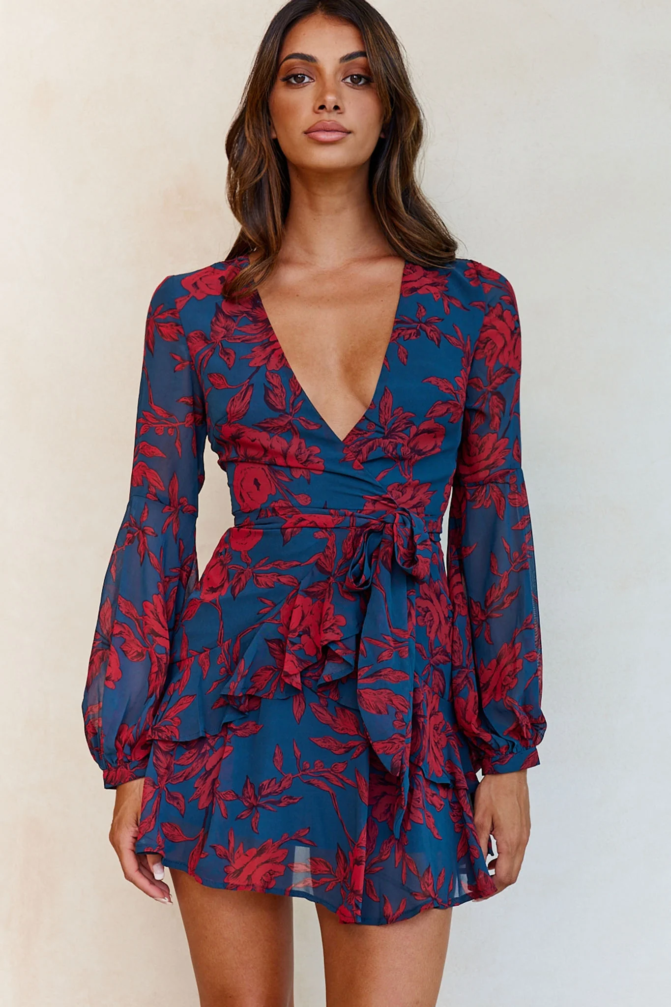 Kerry Layered Balloon Sleeve Dress Forest Green/Red - Image 9