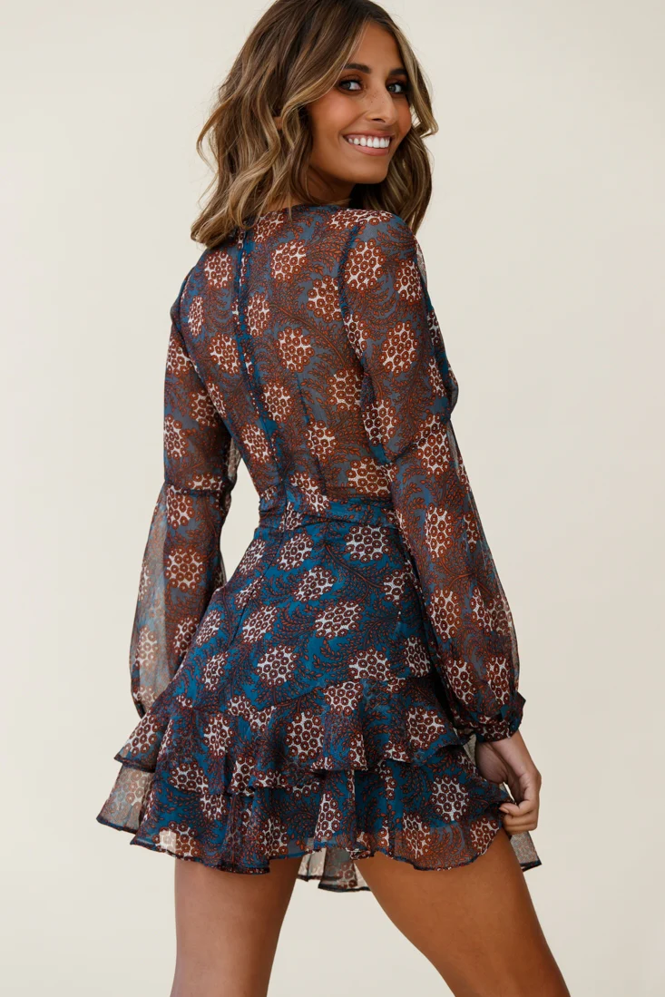 Kerry Layered Balloon Sleeve Dress Leaf Print Teal - Image 6