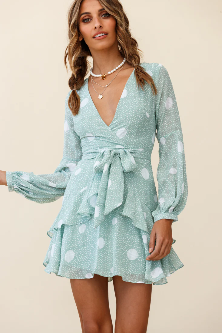 Kerry Layered Balloon Sleeve Dress Spot Print Green - Image 6