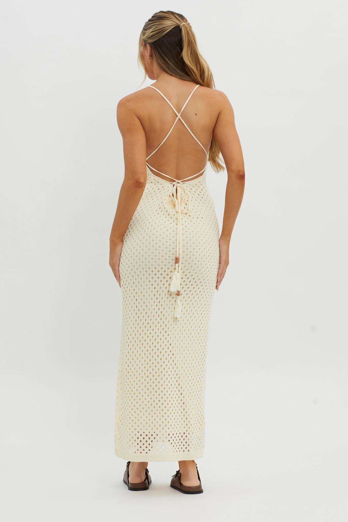 Kesha Open Back Crochet Maxi Dress Cream - Image 2
