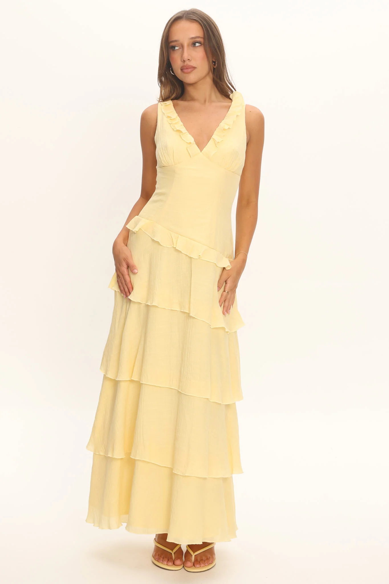 Khlara V-Neck Frill Trim Maxi Dress Butter - Image 5