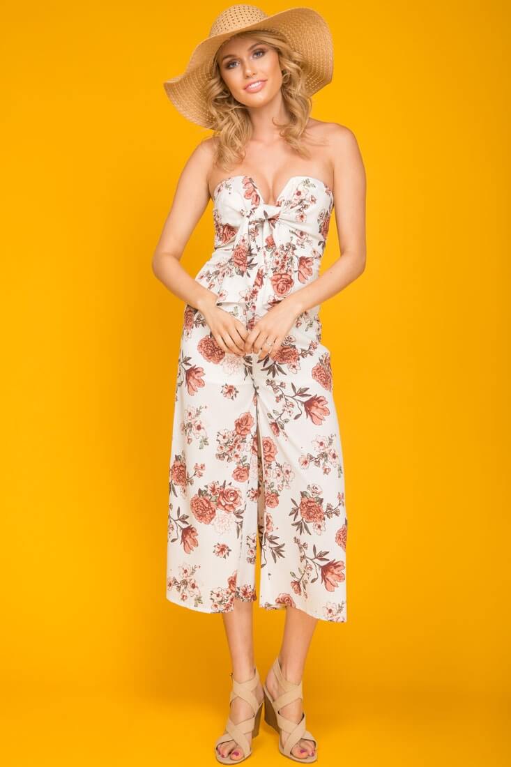 Khloe Floral Summer Bow Tie Jumpsuit White - Image 3
