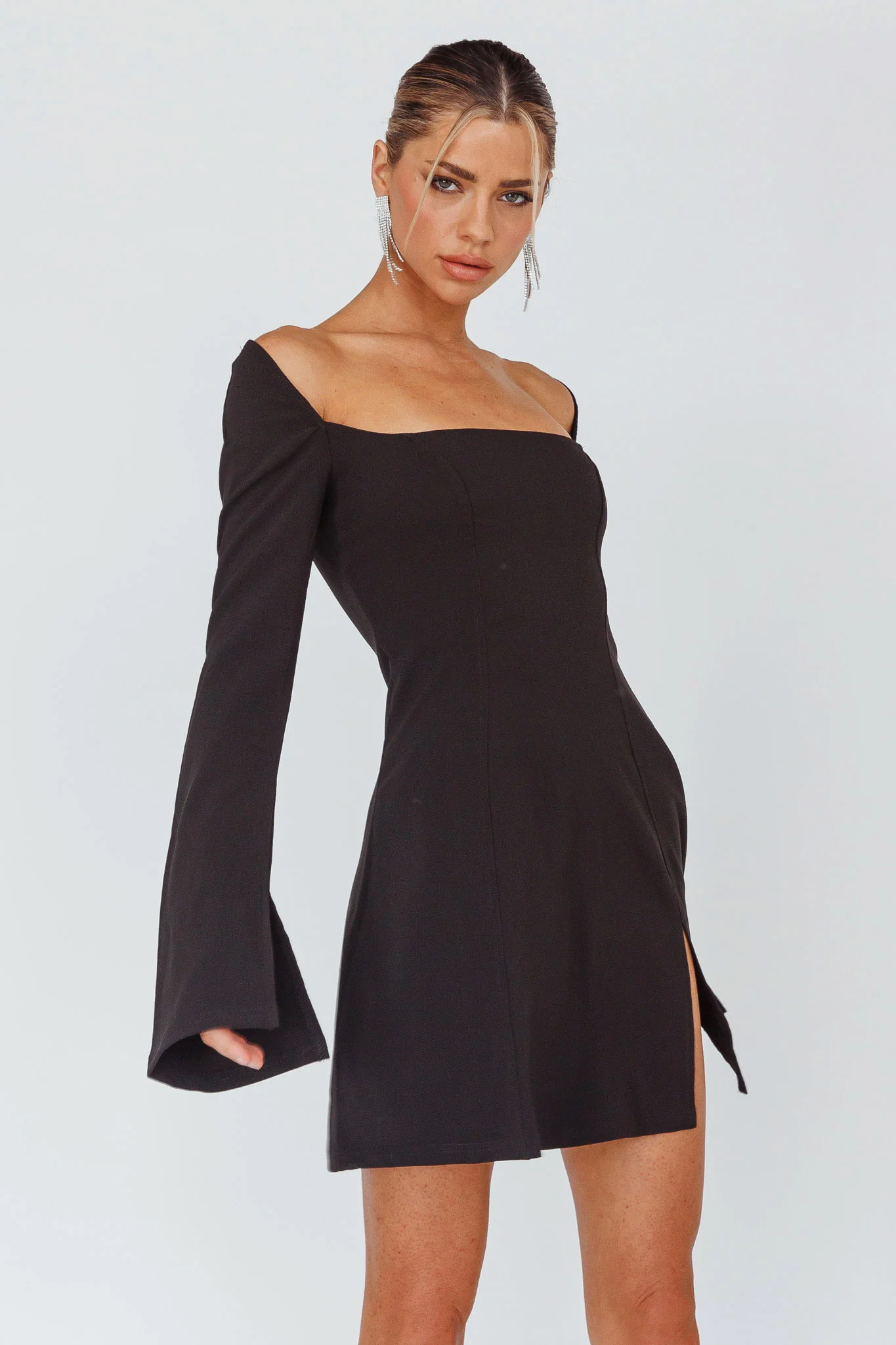 Kieran Long Sleeve A-Line Mini Dress Black - Image 7
