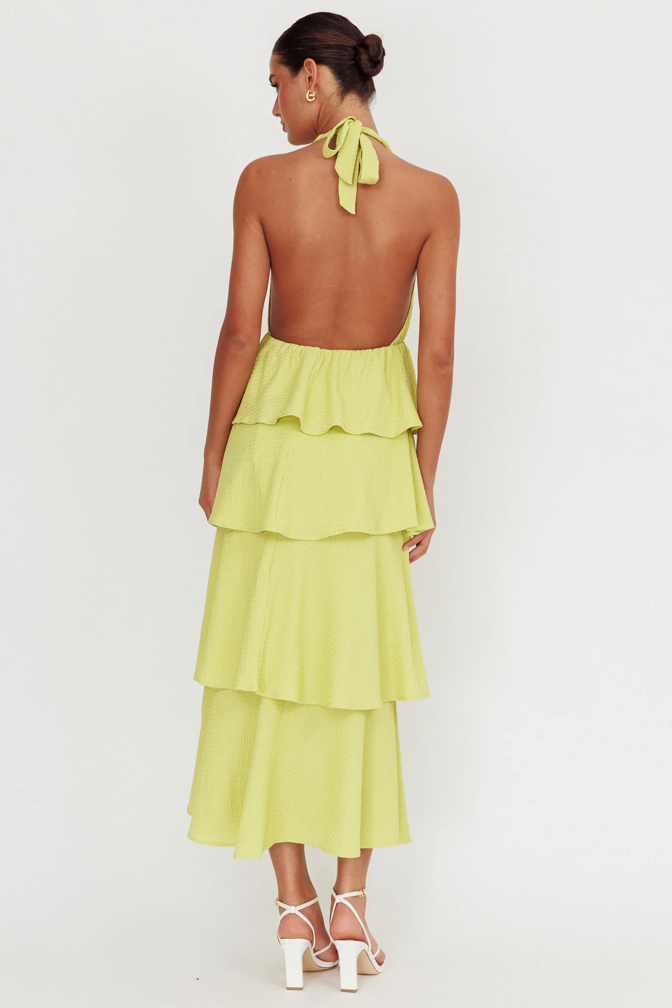 Kimberley Halter Neck Ruffle Maxi Dress Matcha - Image 2