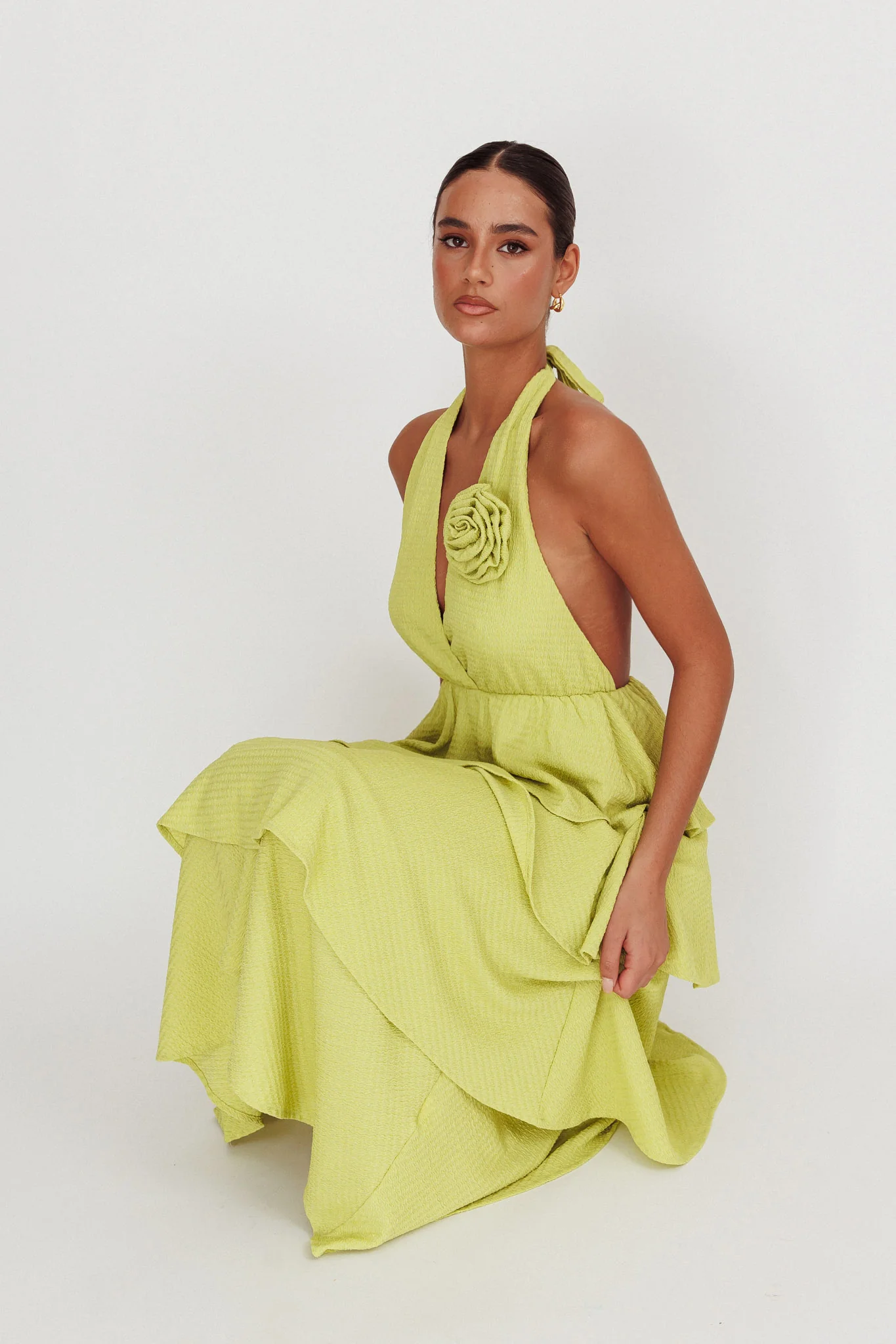 Kimberley Halter Neck Ruffle Maxi Dress Matcha - Image 3