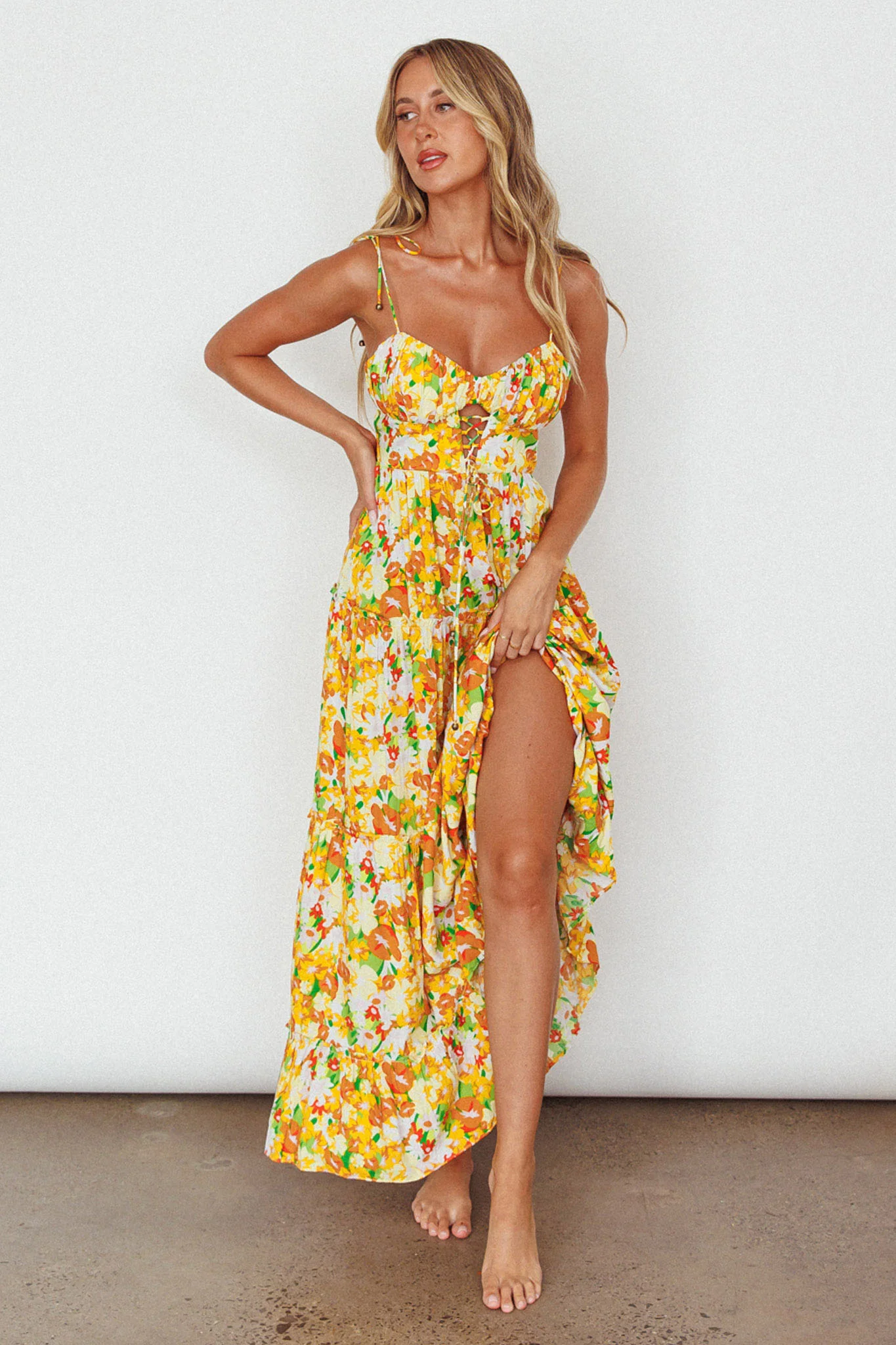 Kinlee Lace-Up Bodice Maxi Dress Floral Orange - Image 5