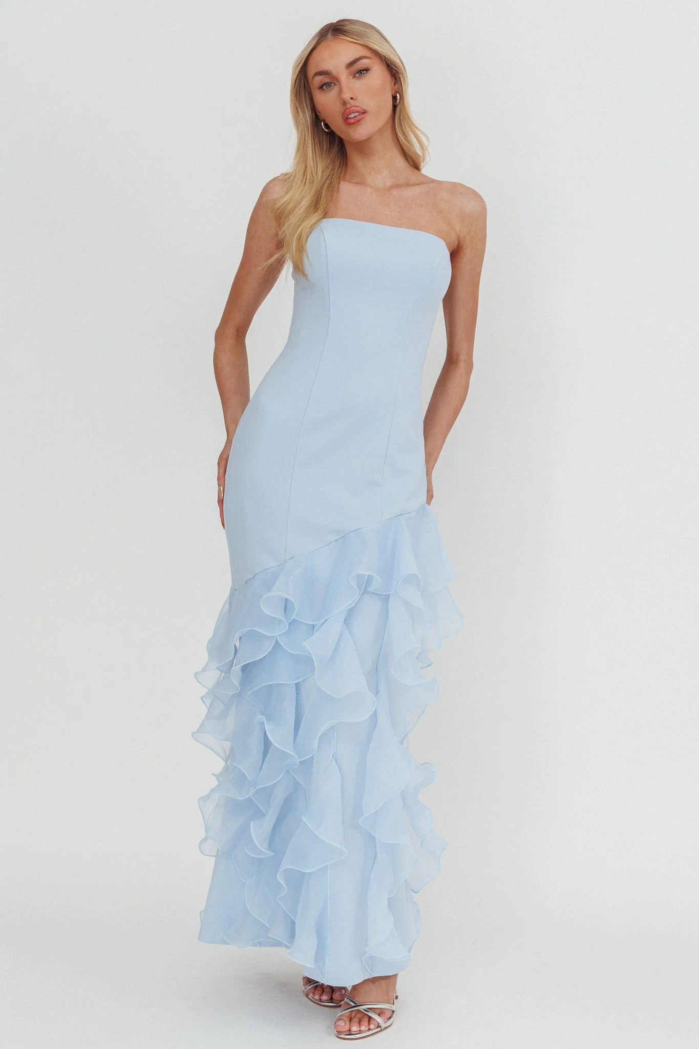 Kioto Strapless Organza Trim Maxi Dress Blue - Image 4