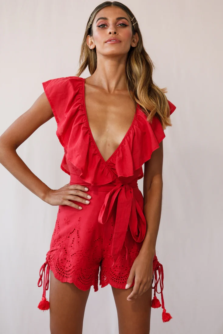 Kipper V-Neck Scalloped Romper Red - Image 6